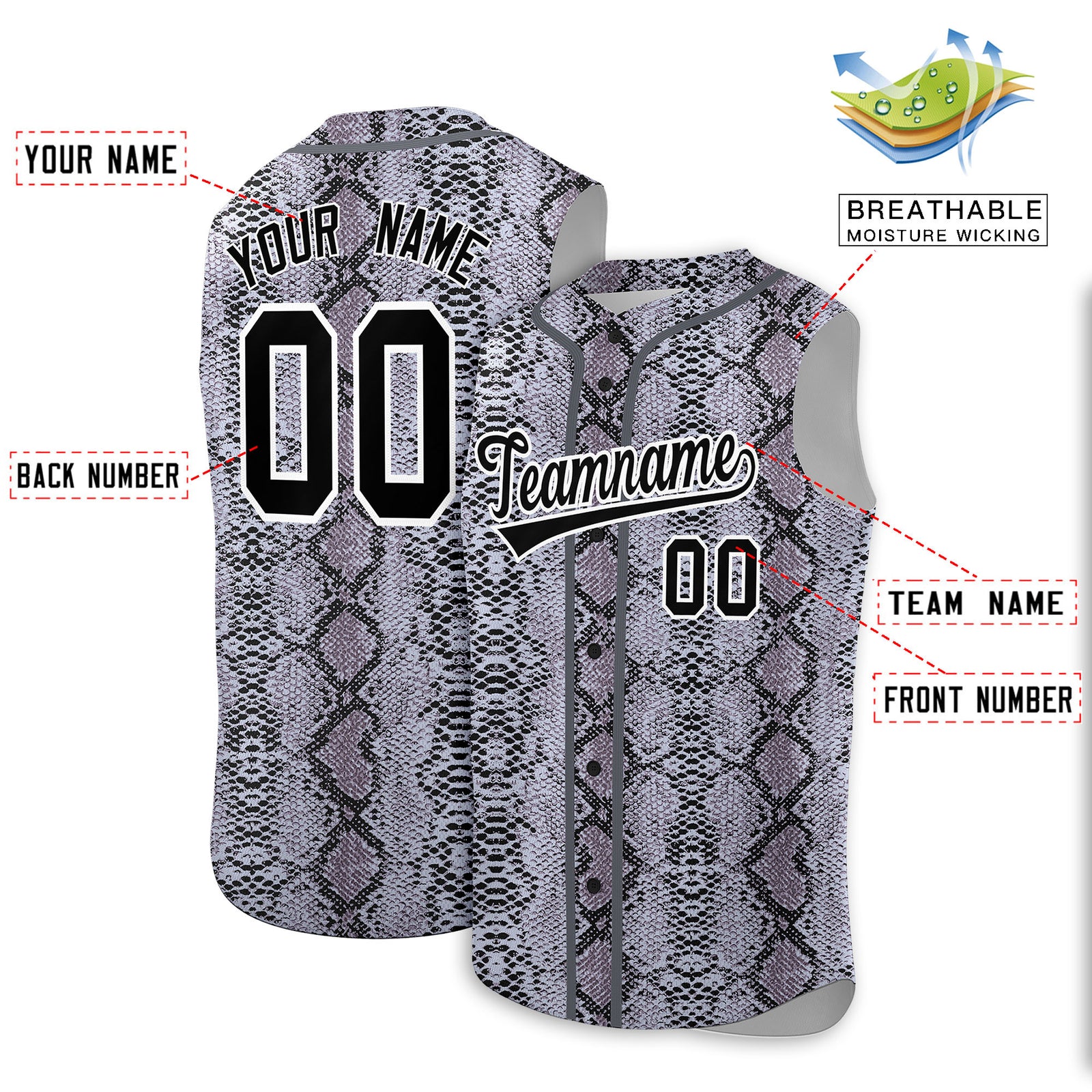 Custom Gray Snakeskin Pattern Authentic Sleeveless Baseball Jersey