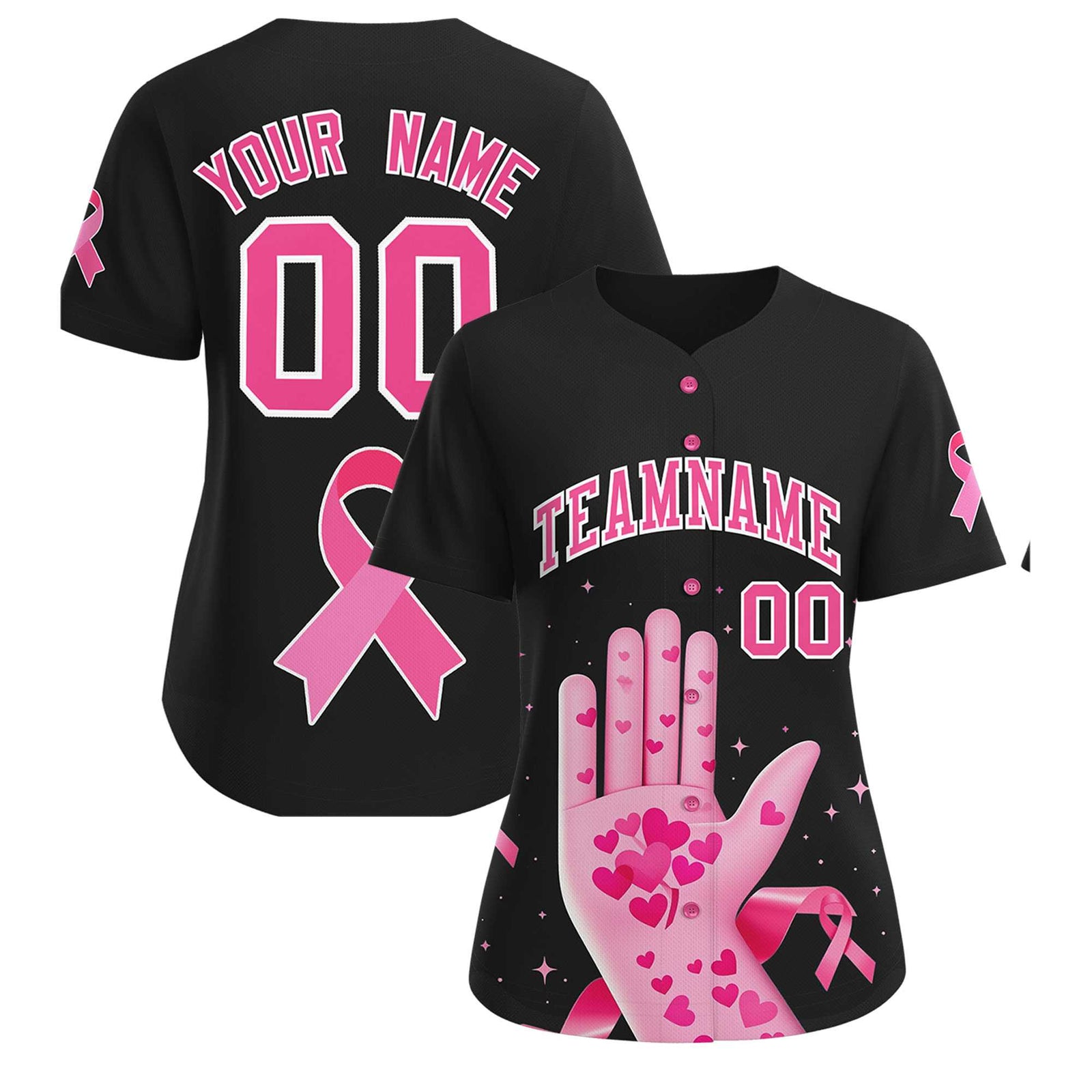 Custom Black Pink Breast Cancer Awareness Month Pink Ribbon Authentic Baseball Jersey for Women