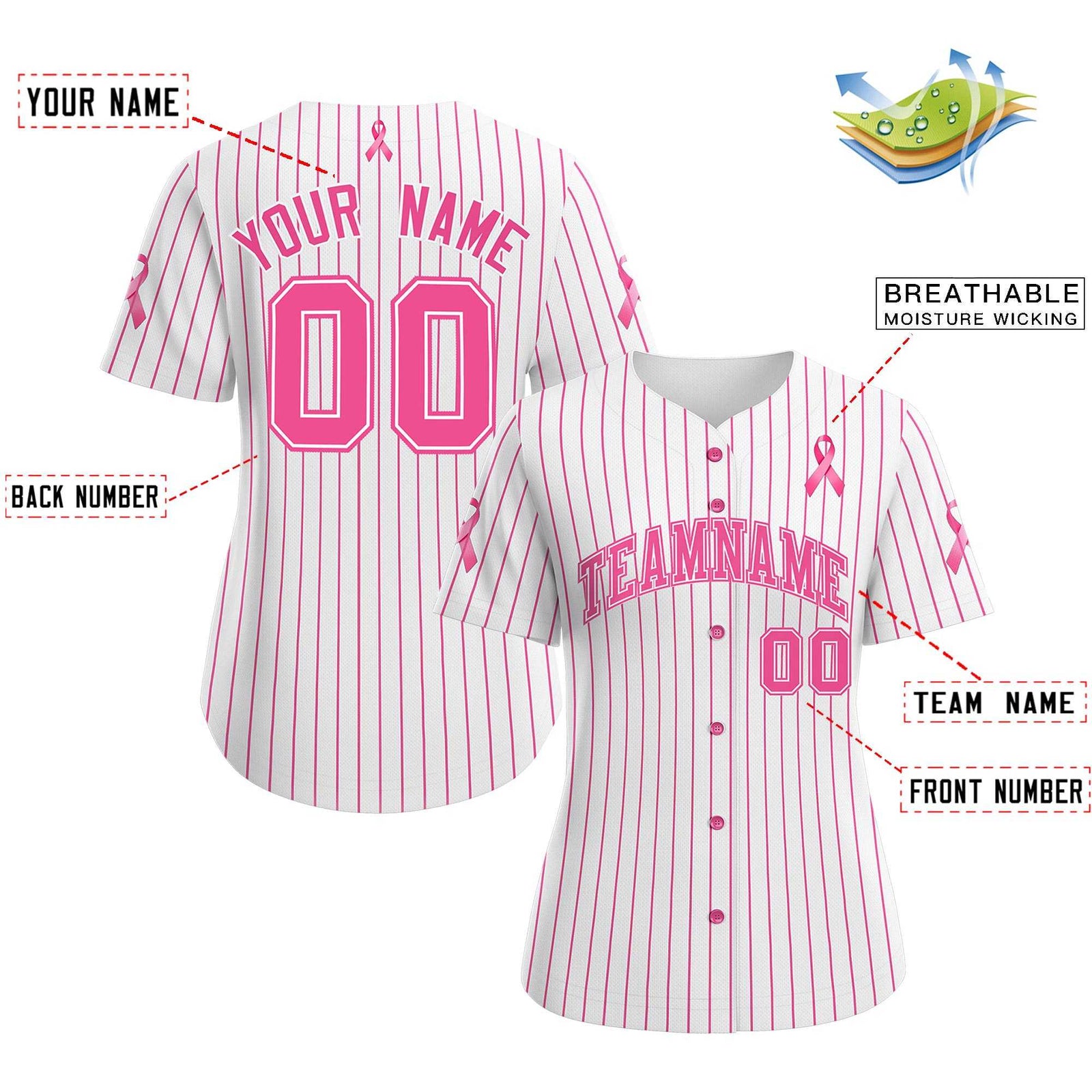 Custom White Pink Breast Cancer Awareness Month Pink Ribbon Authentic Baseball Jersey for Women