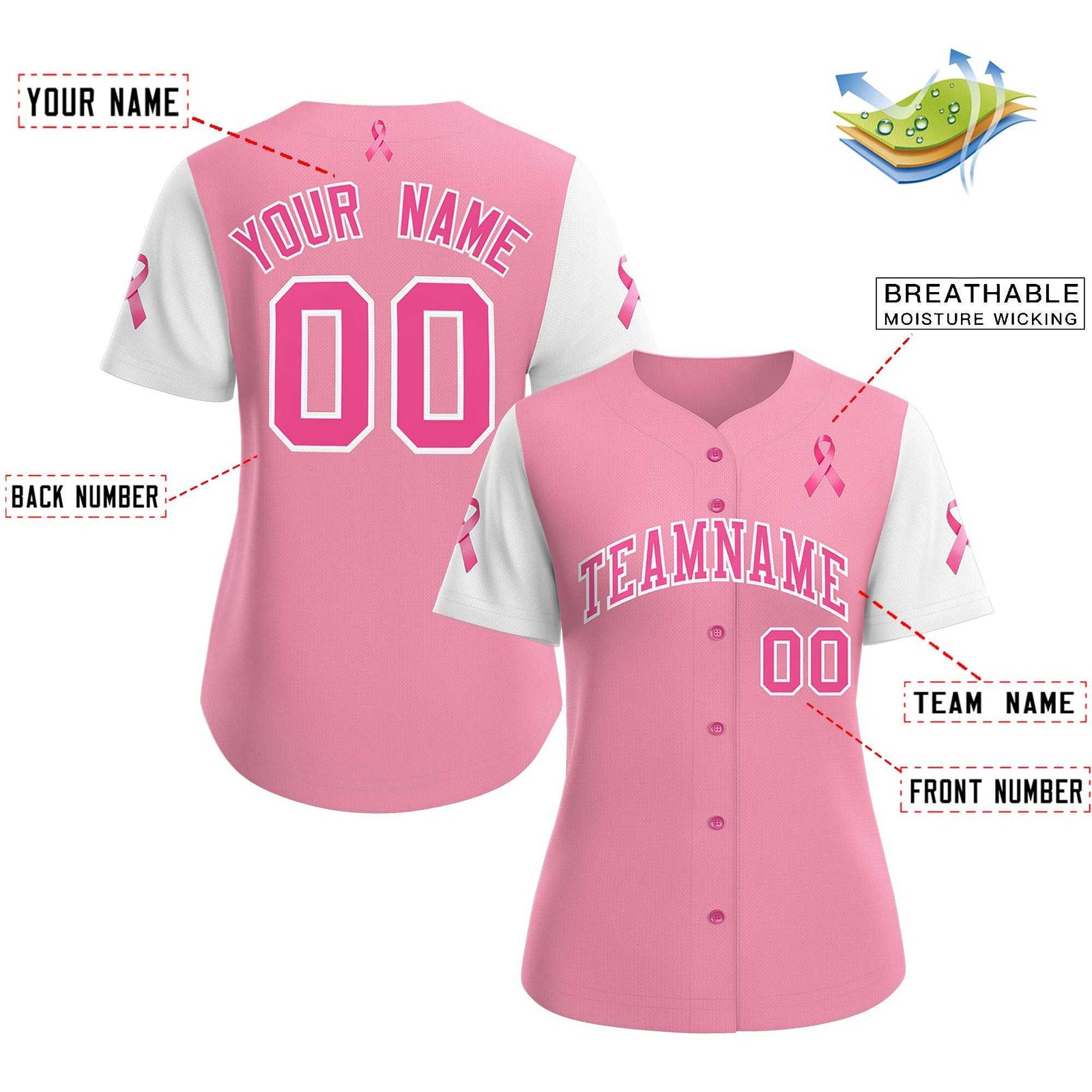 Custom Light Pink White Breast Cancer Awareness Month Pink Ribbon Authentic Baseball Jersey for Women