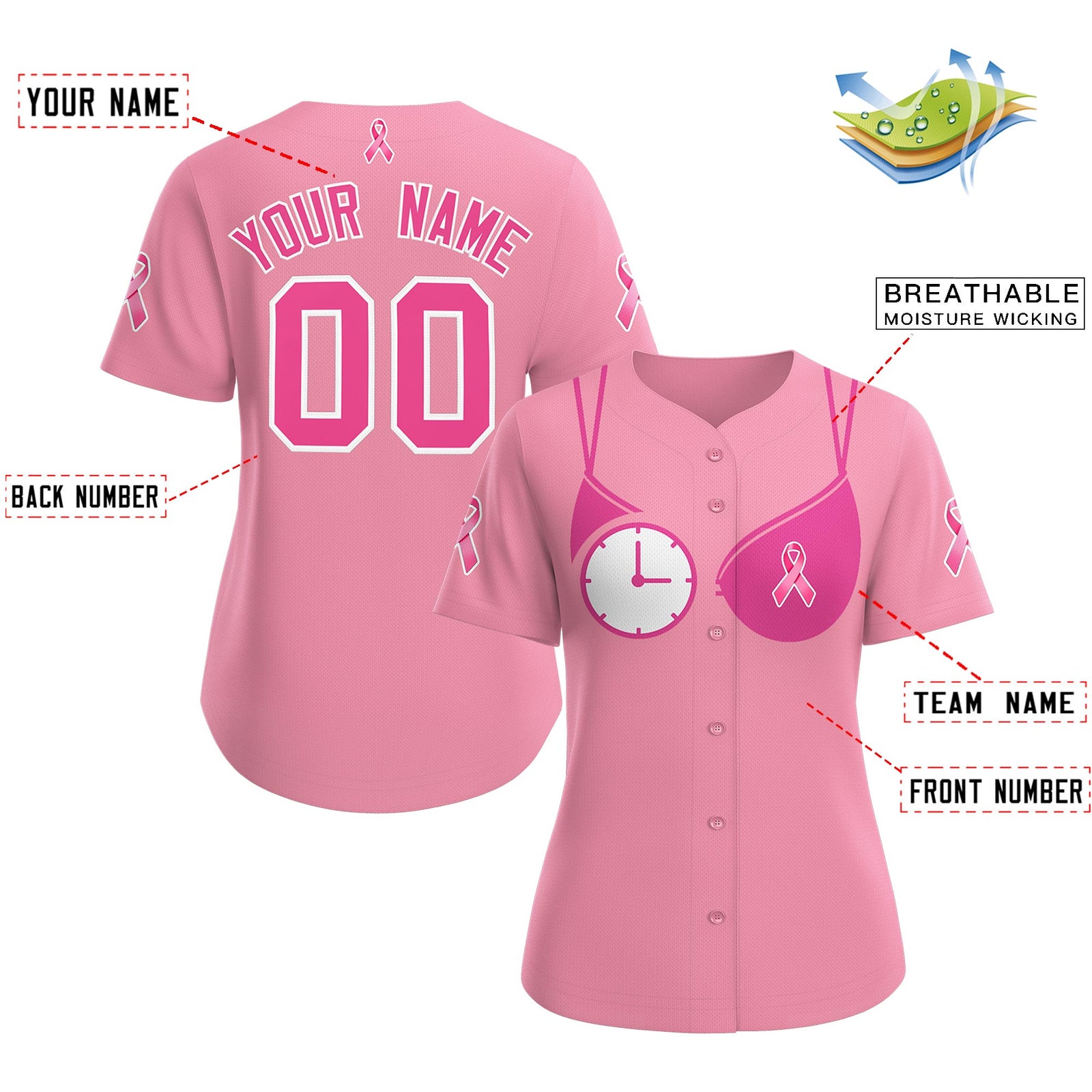 Custom Light Pink Pink Breast Cancer Awareness Month Pink Ribbon Authentic Baseball Jersey for Women