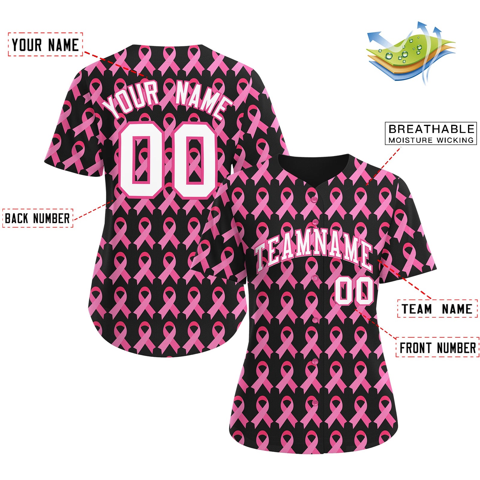Custom Black Pink Breast Cancer Awareness Month Pink Ribbon Authentic Baseball Jersey for Women
