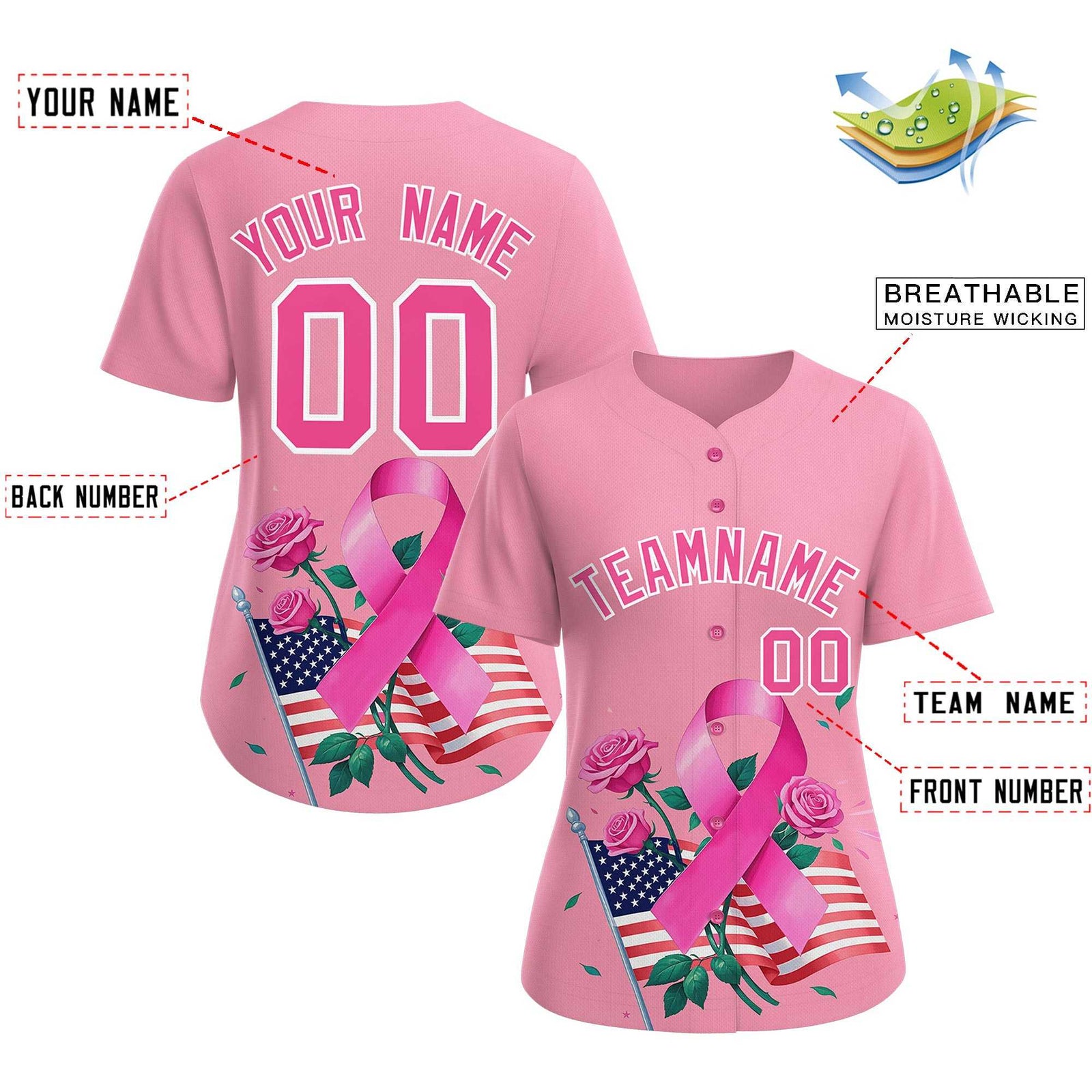 Custom Light Pink Pink Breast Cancer Awareness Month Pink Ribbon Authentic Baseball Jersey for Women
