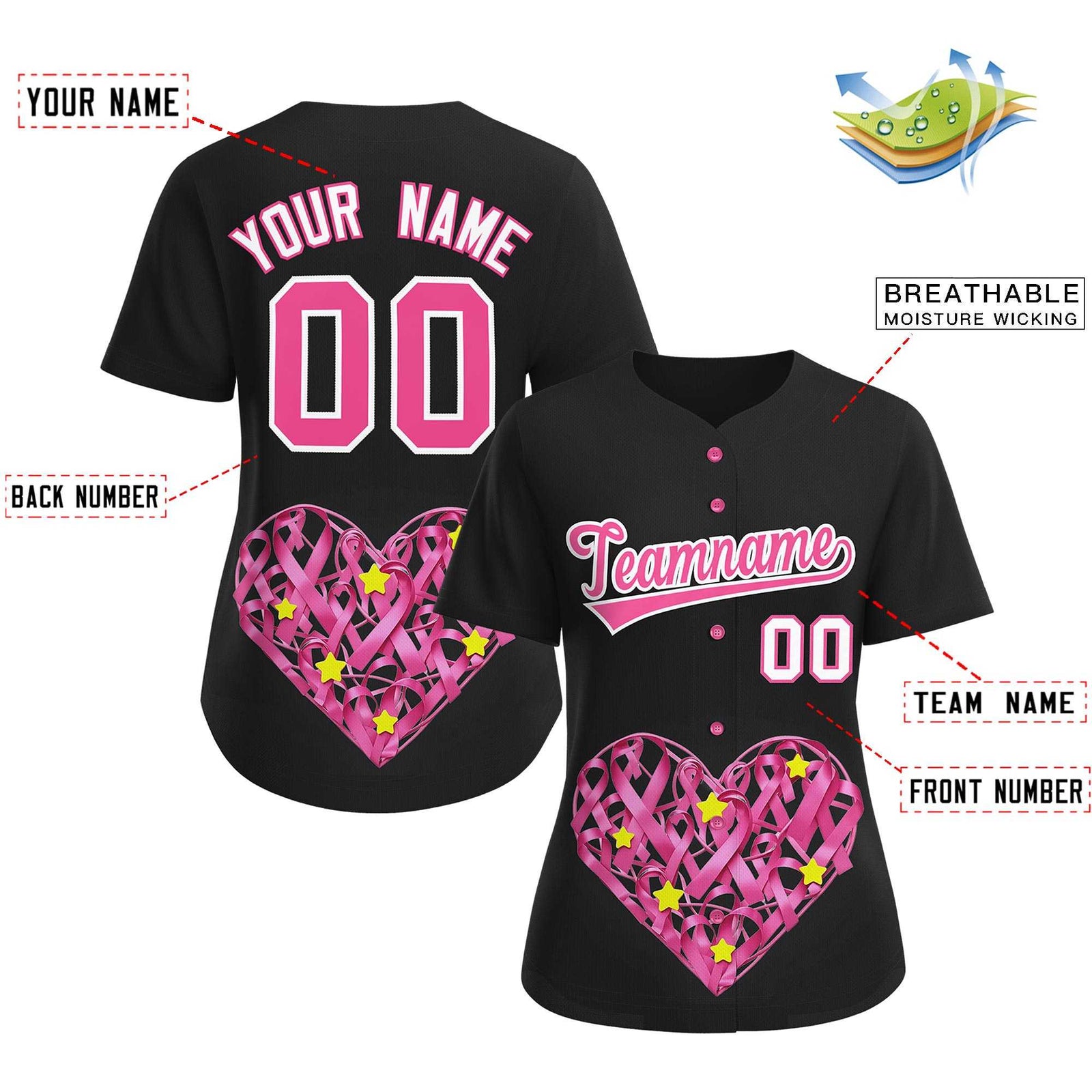 Custom Black Pink Breast Cancer Awareness Month Pink Ribbon Authentic Baseball Jersey for Women| KXKSHOP