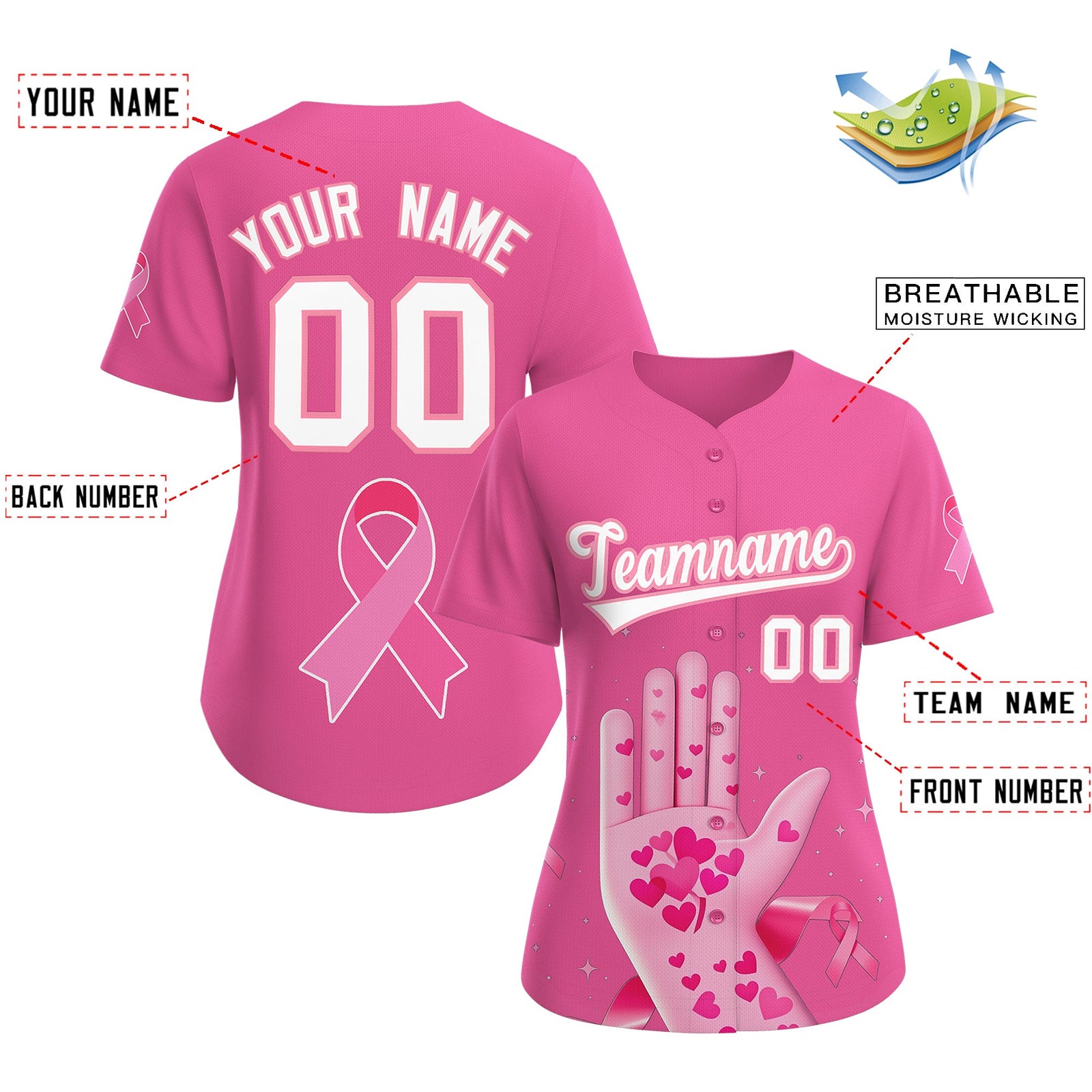 Custom Pink White Breast Cancer Awareness Month Pink Ribbon Authentic Baseball Jersey for Women| KXKSHOP