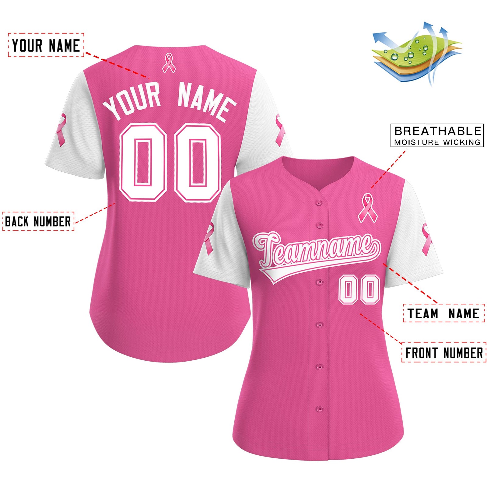 Custom Pink White Breast Cancer Awareness Month Pink Ribbon Authentic Baseball Jersey for Women| KXKSHOP