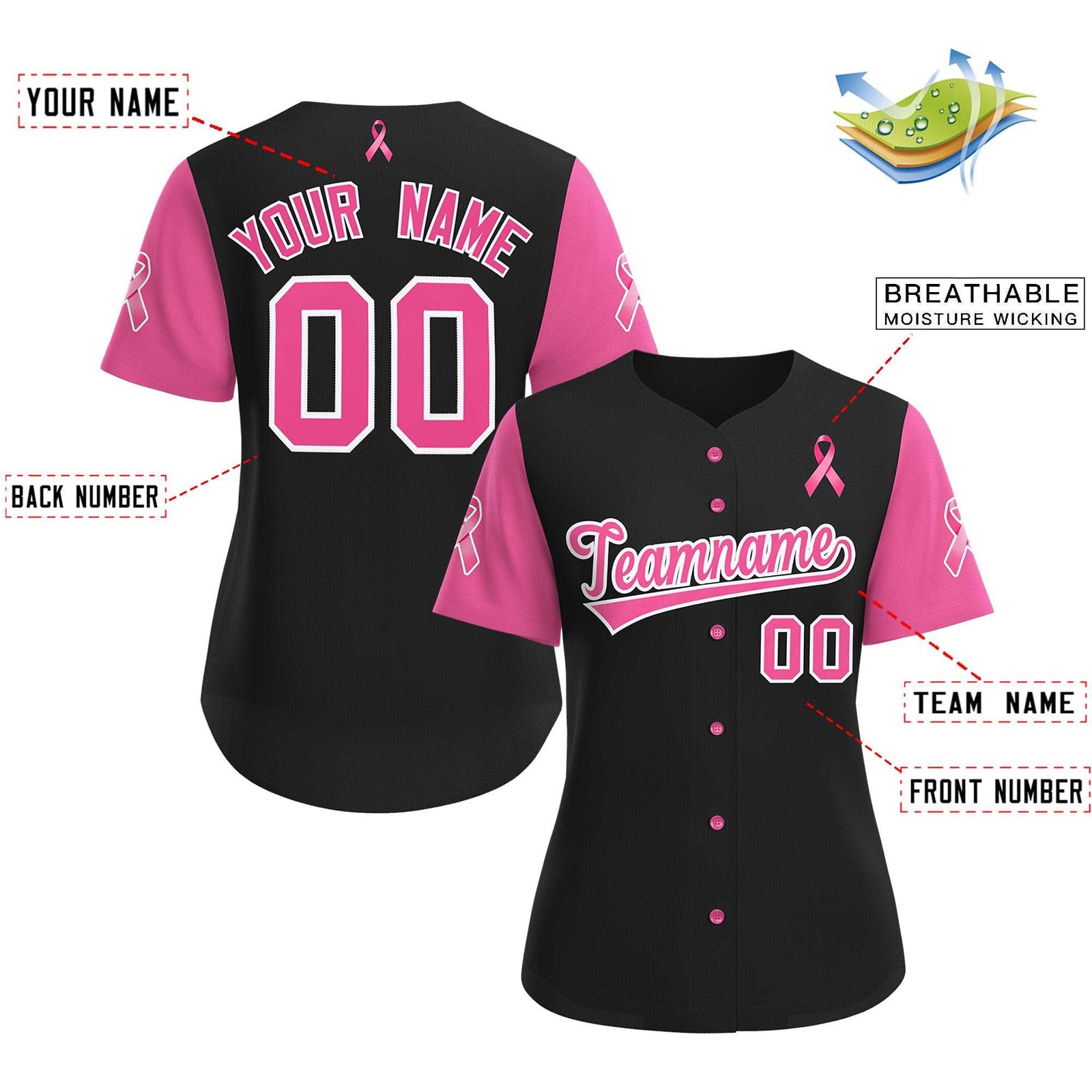 Custom Black Pink Breast Cancer Awareness Month Pink Ribbon Authentic Baseball Jersey for Women| KXKSHOP