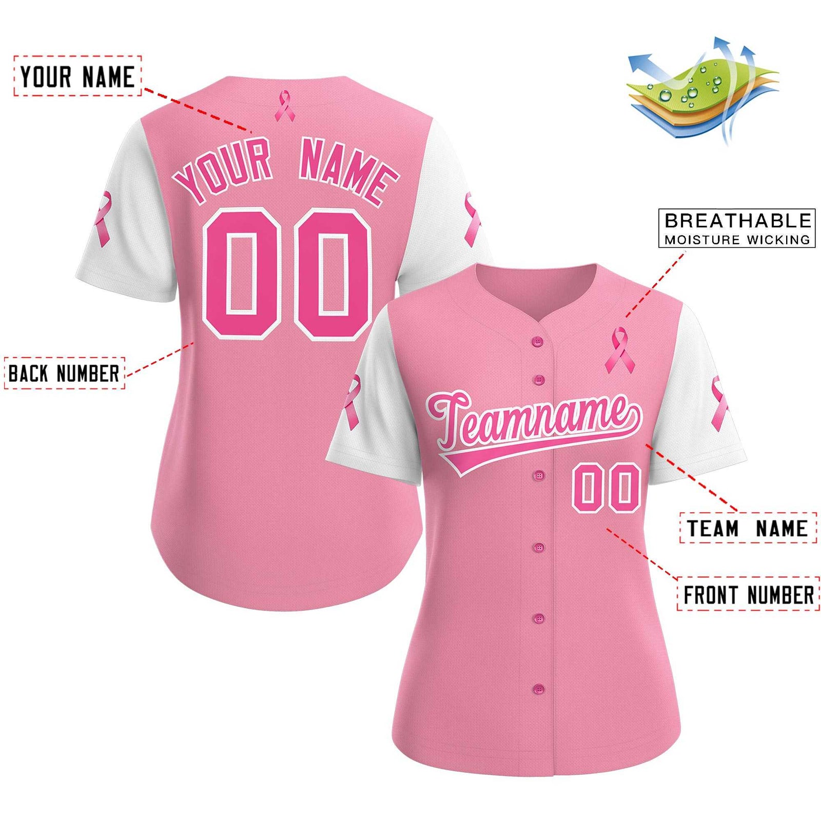Custom Light Pink White Breast Cancer Awareness Month Pink Ribbon Authentic Baseball Jersey for Women| KXKSHOP