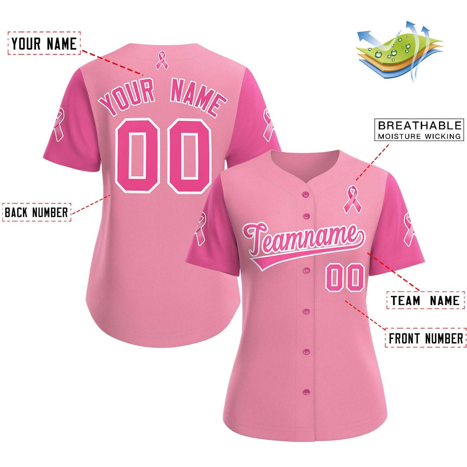 Custom Light Pink Pink Breast Cancer Awareness Month Pink Ribbon Authentic Baseball Jersey for Women| KXKSHOP