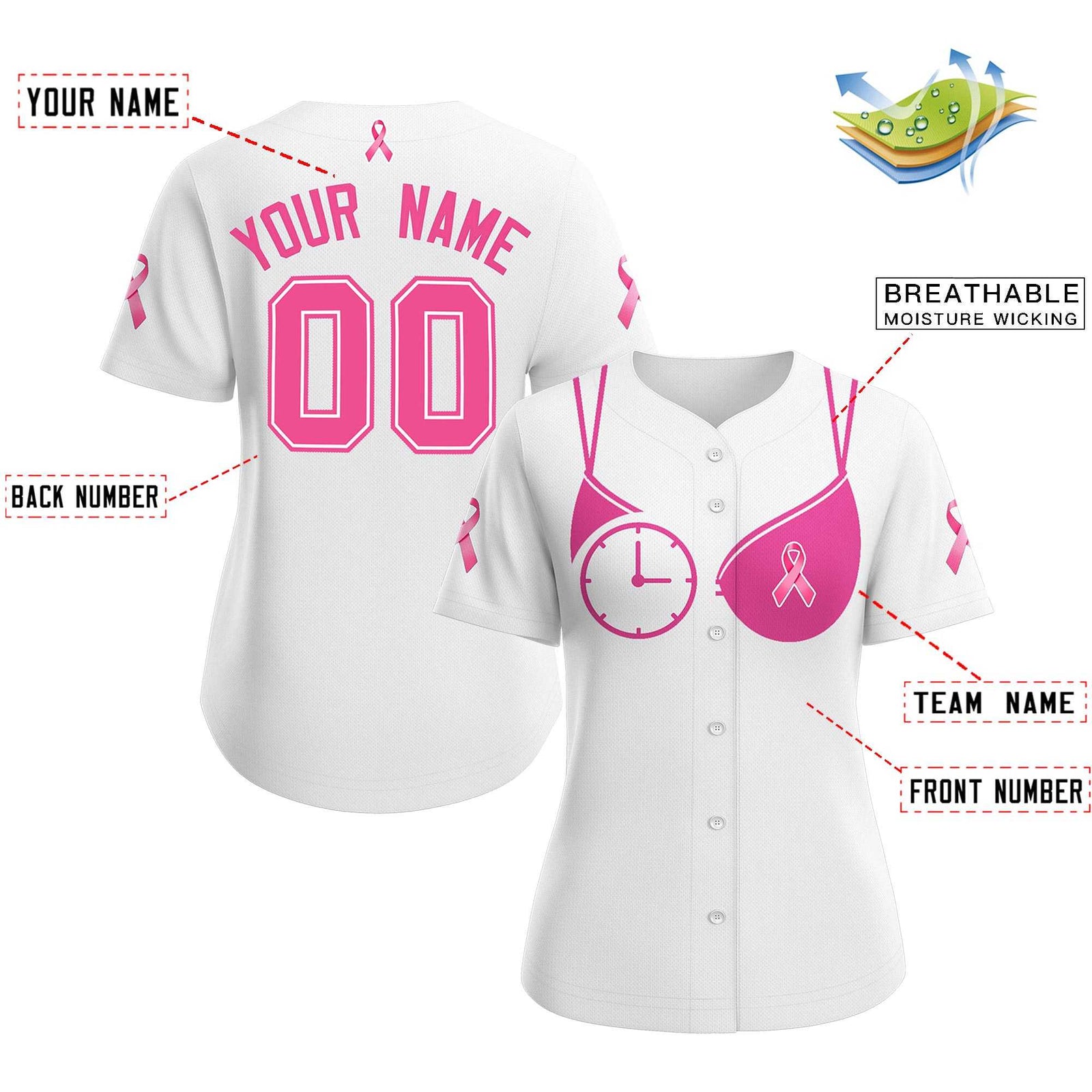 Custom White Pink Breast Cancer Awareness Month Pink Ribbon Authentic Baseball Jersey for Women| KXKSHOP
