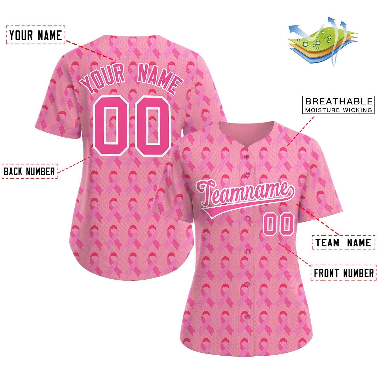 Custom Light Pink Pink Breast Cancer Awareness Month Pink Ribbon Authentic Baseball Jersey for Women| KXKSHOP