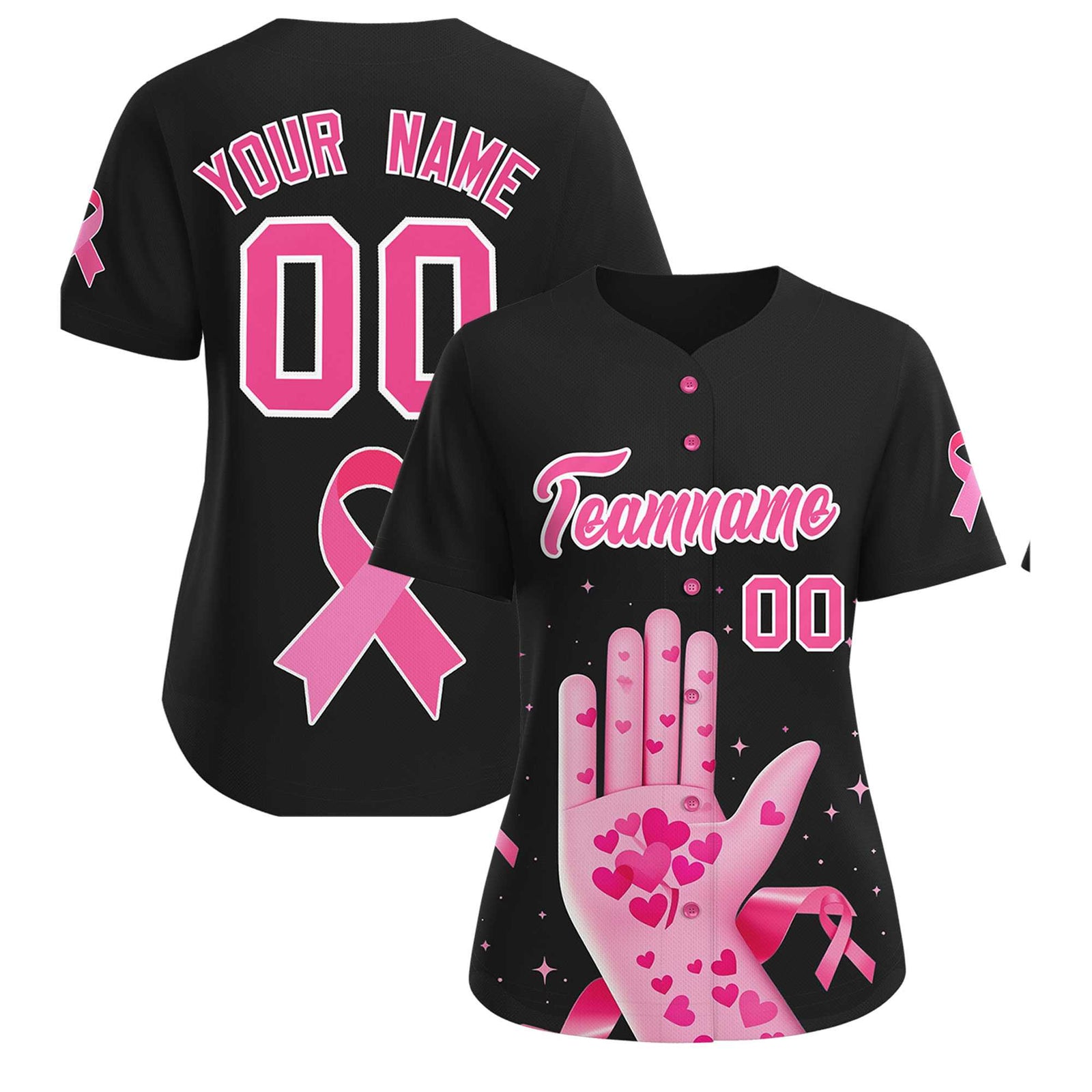 Custom Black Pink Breast Cancer Awareness Month Pink Ribbon Authentic Baseball Jersey for Women
