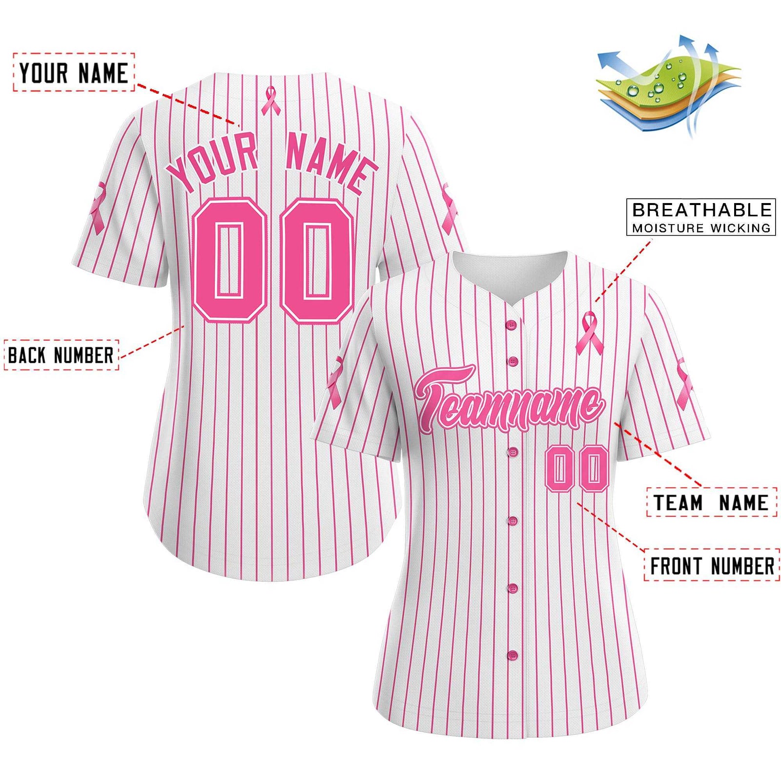 Custom White Pink Breast Cancer Awareness Month Pink Ribbon Authentic Baseball Jersey for Women