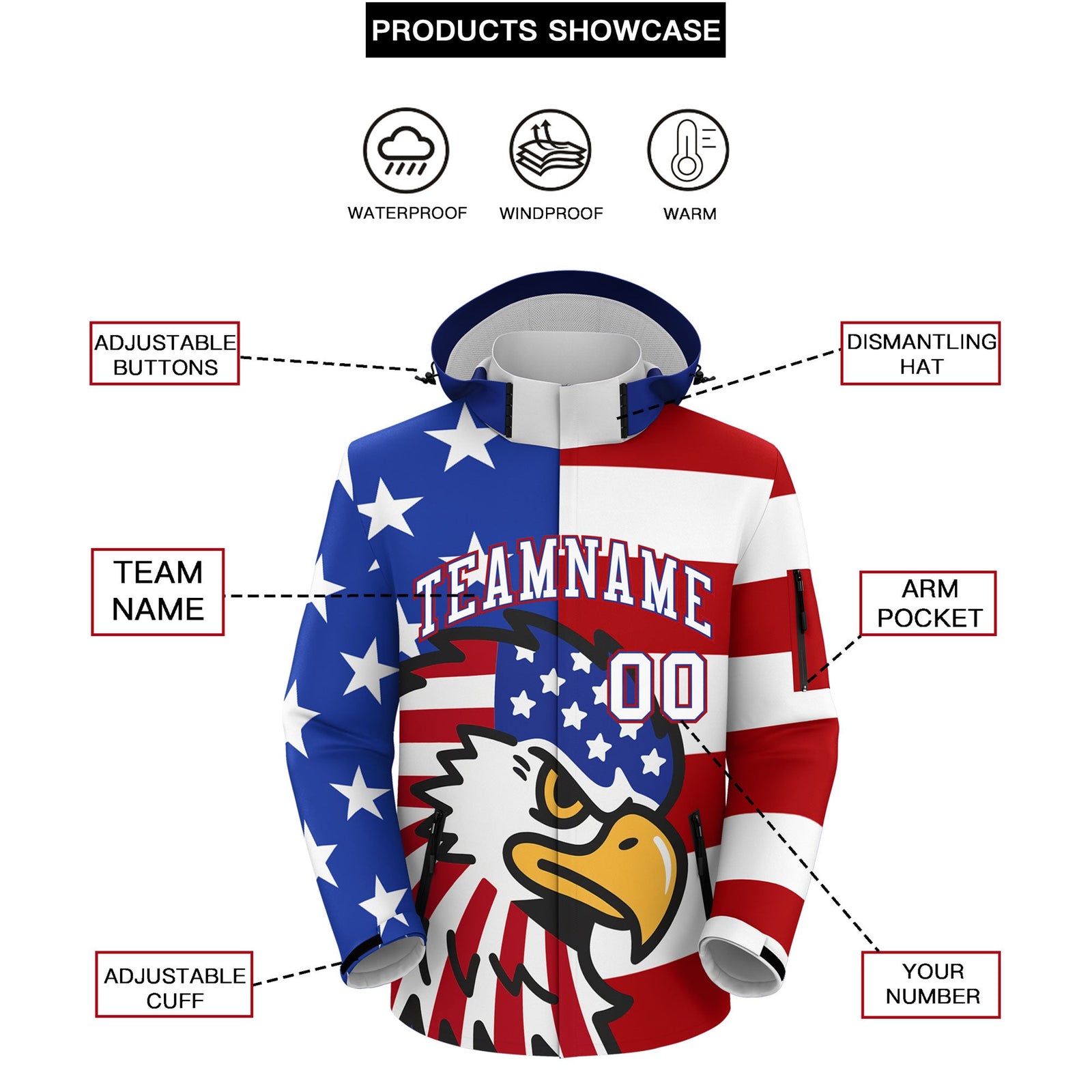 Custom Royal Blue White Red Independence Day American Flag Waterproof Jacket| KXKSHOP