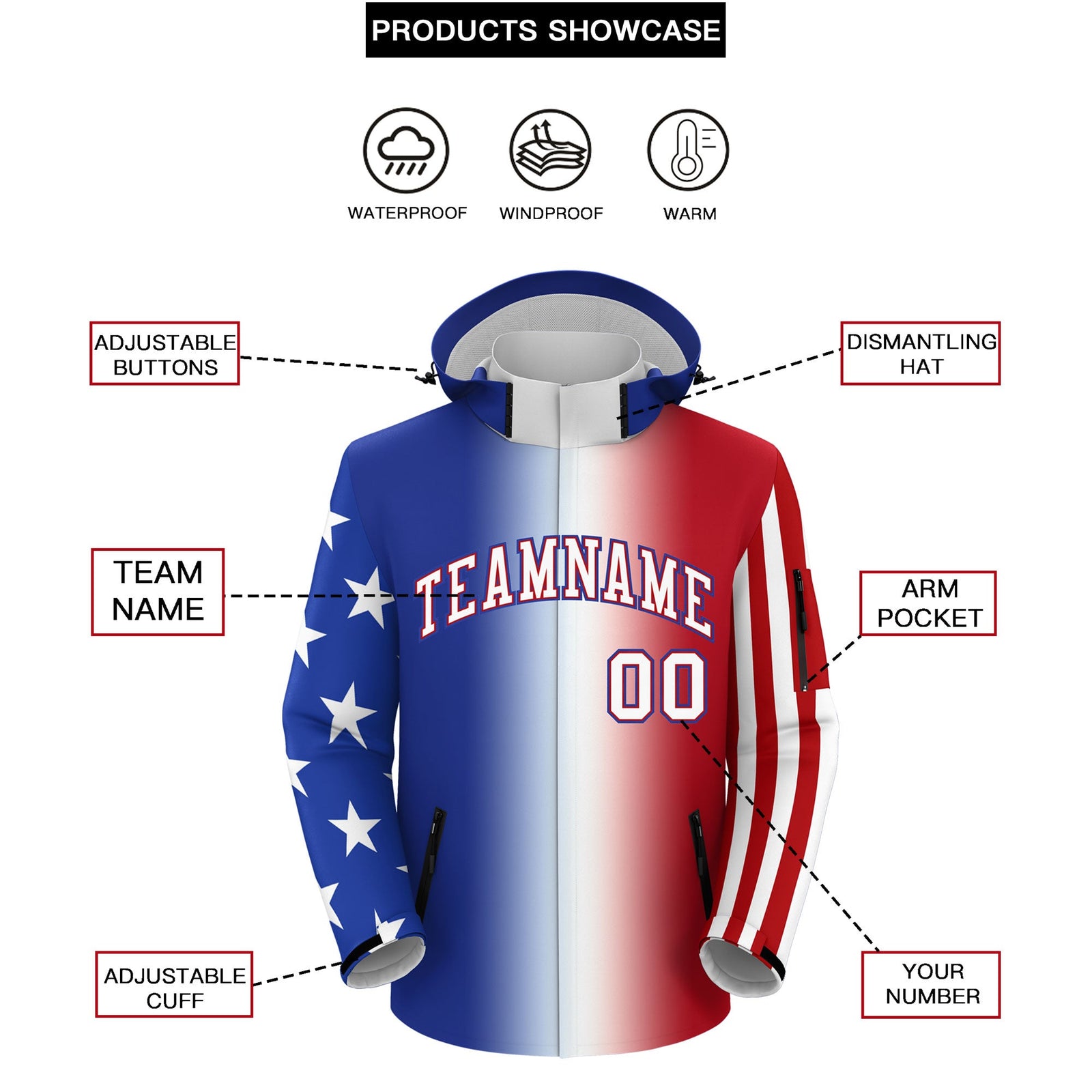 Custom Royal Blue White Red Independence Day American Flag Waterproof Jacket| KXKSHOP
