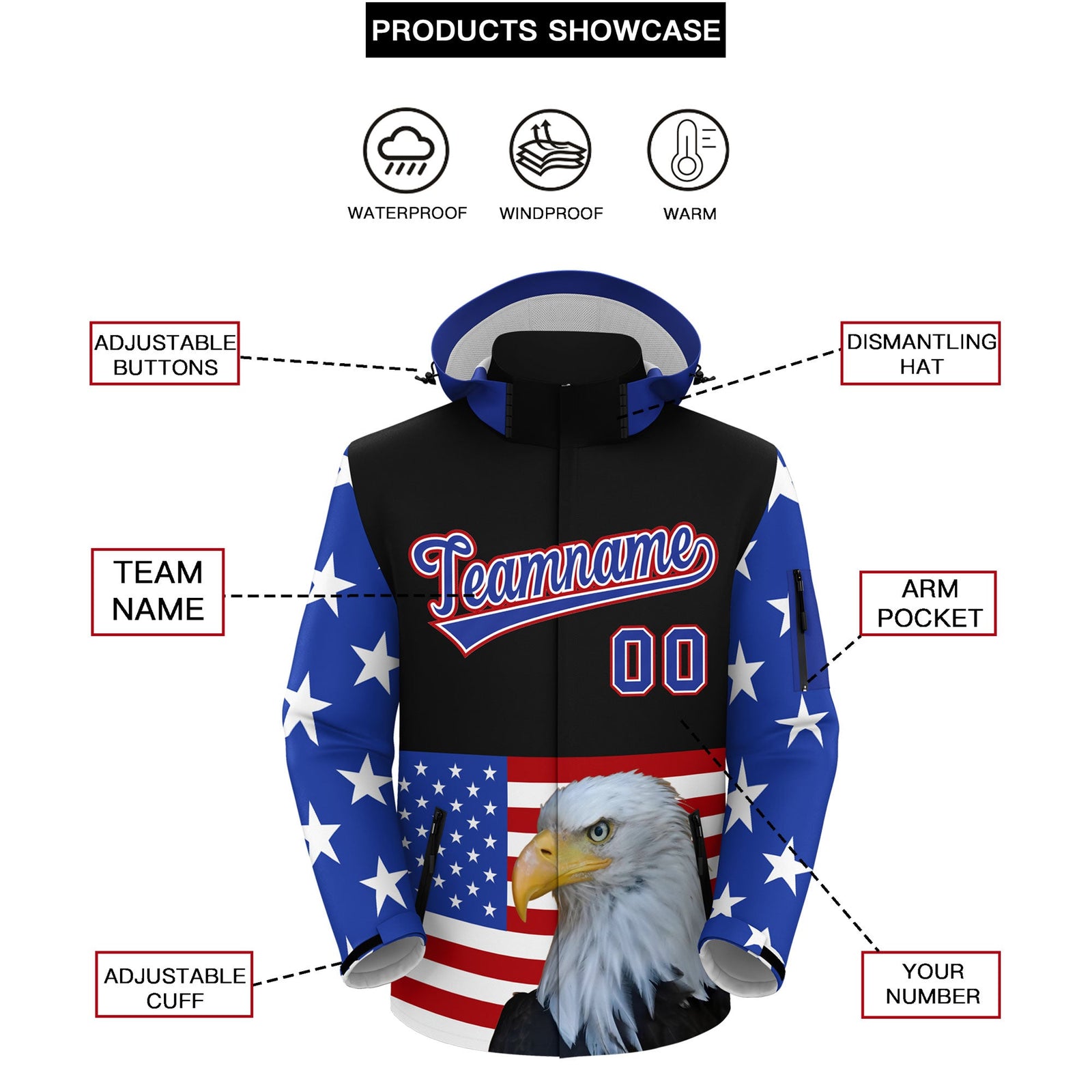 Custom Black White Independence Day American Flag Waterproof Jacket| KXKSHOP