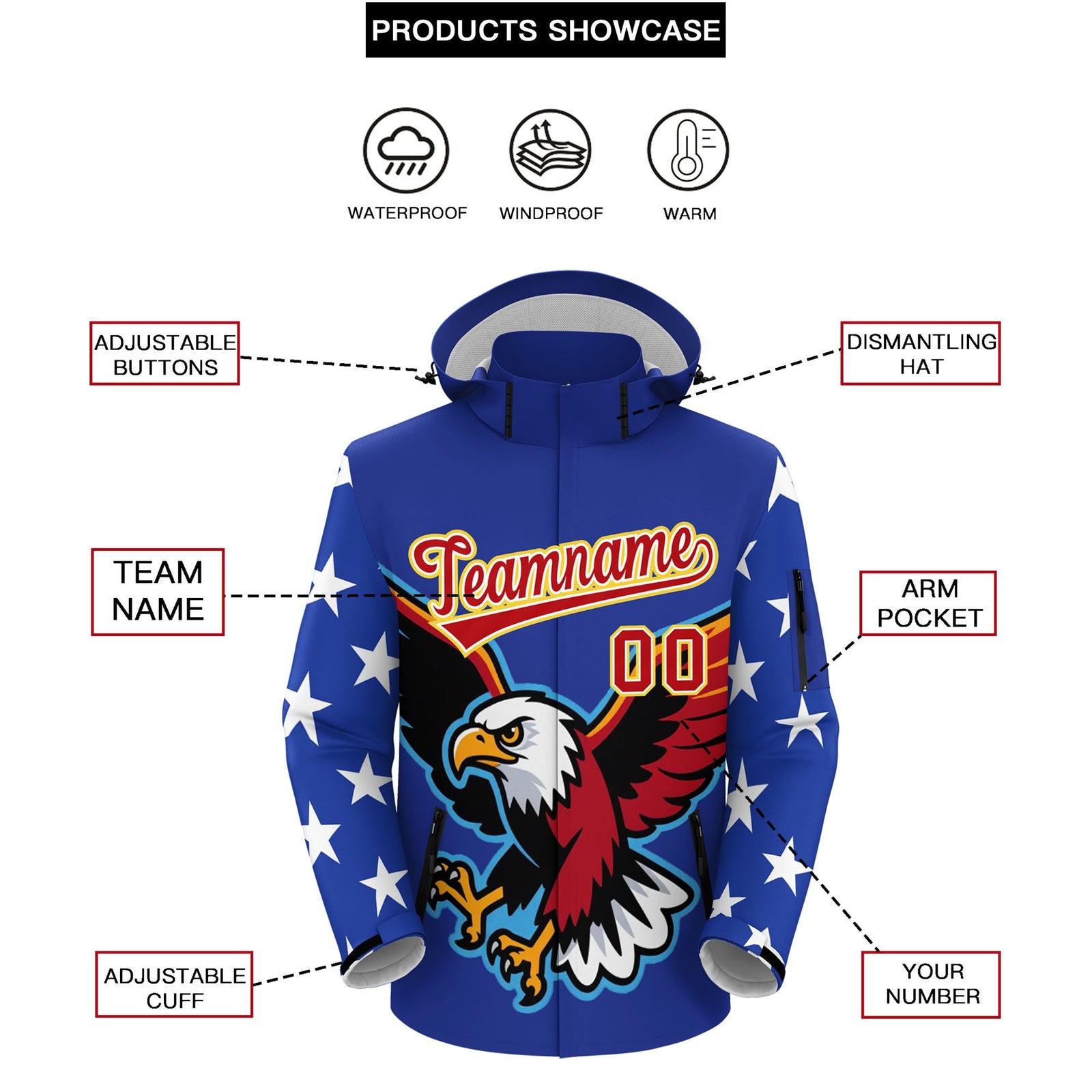 Custom Royal Blue White Independence Day American Flag Waterproof Jacket| KXKSHOP