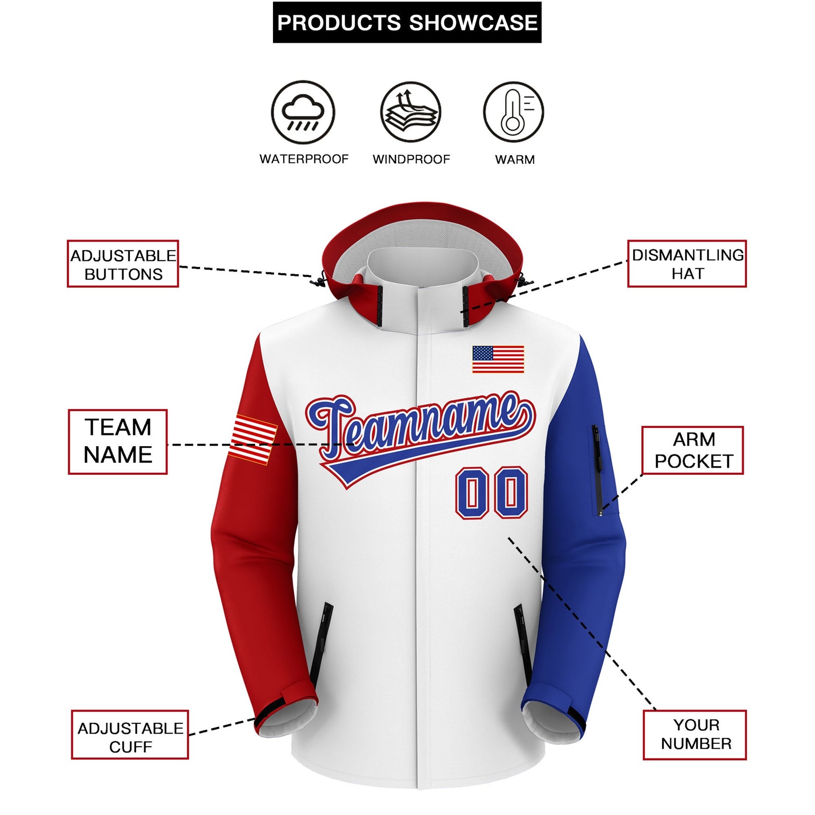 Custom White Royal Blue Independence Day American Flag Waterproof Jacket| KXKSHOP