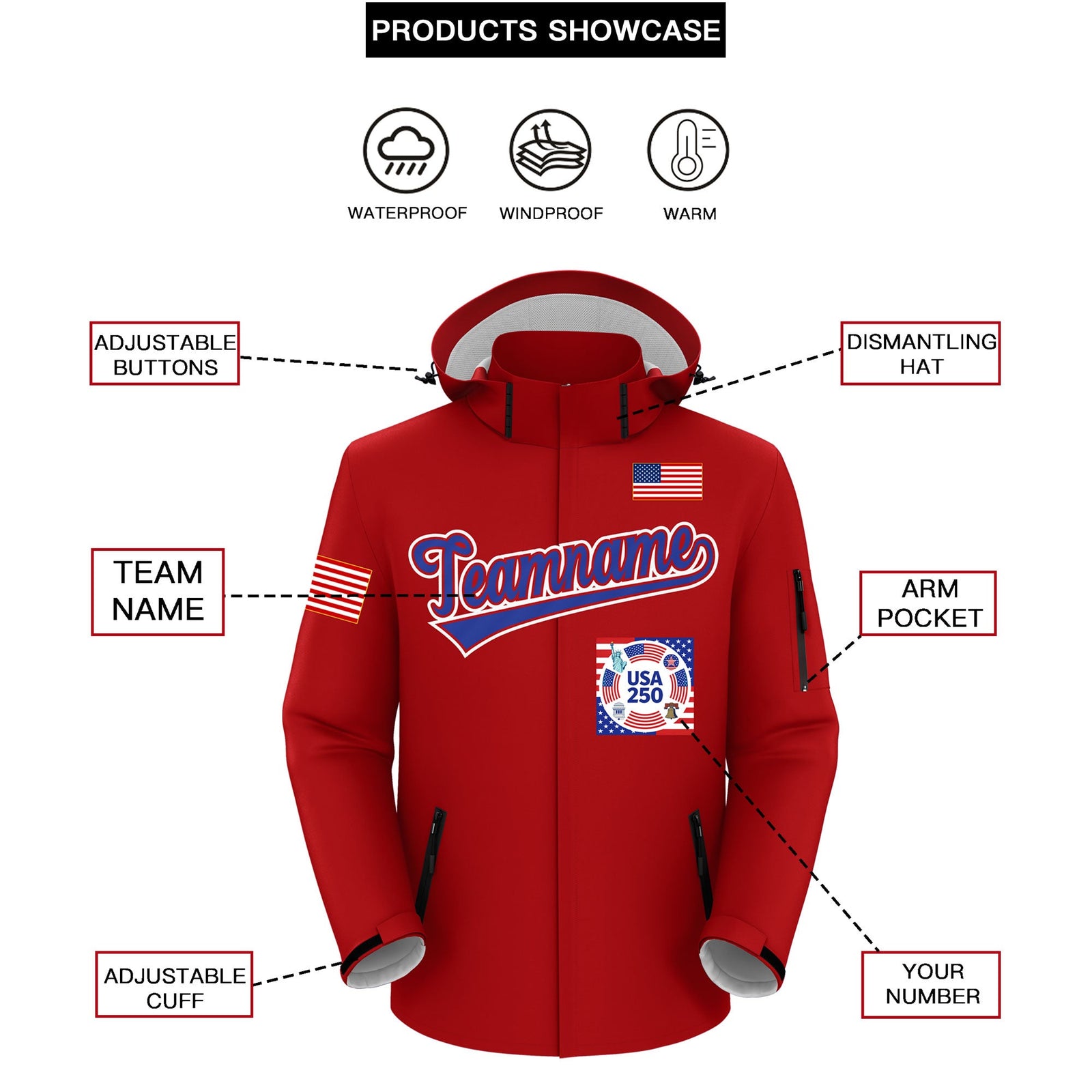 Custom Red Independence Day American Flag Waterproof Jacket| KXKSHOP