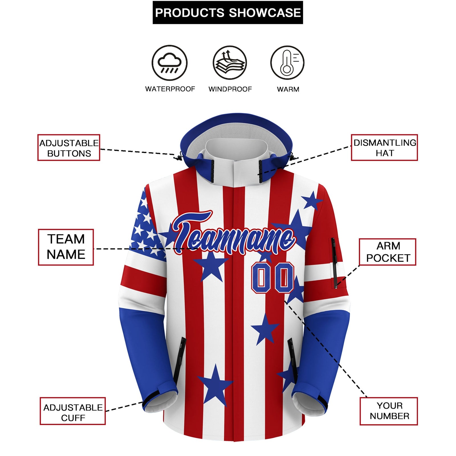 Custom White Red Royal Blue Independence Day American Flag Waterproof Jacket| KXKSHOP