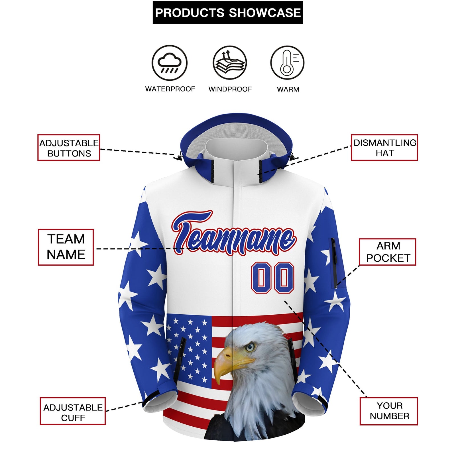 Custom White Independence Day American Flag Waterproof Jacket| KXKSHOP