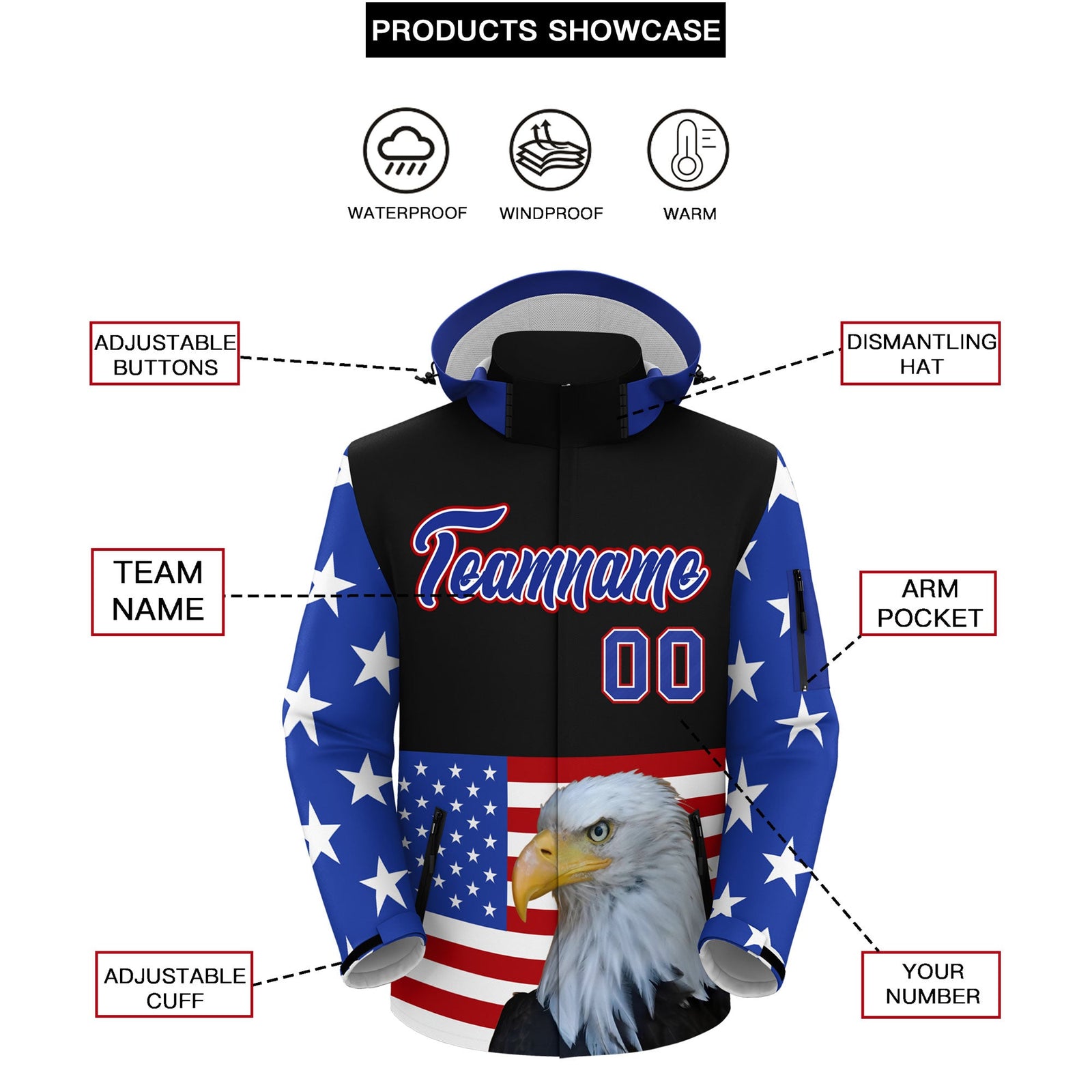Custom Black White Independence Day American Flag Waterproof Jacket| KXKSHOP