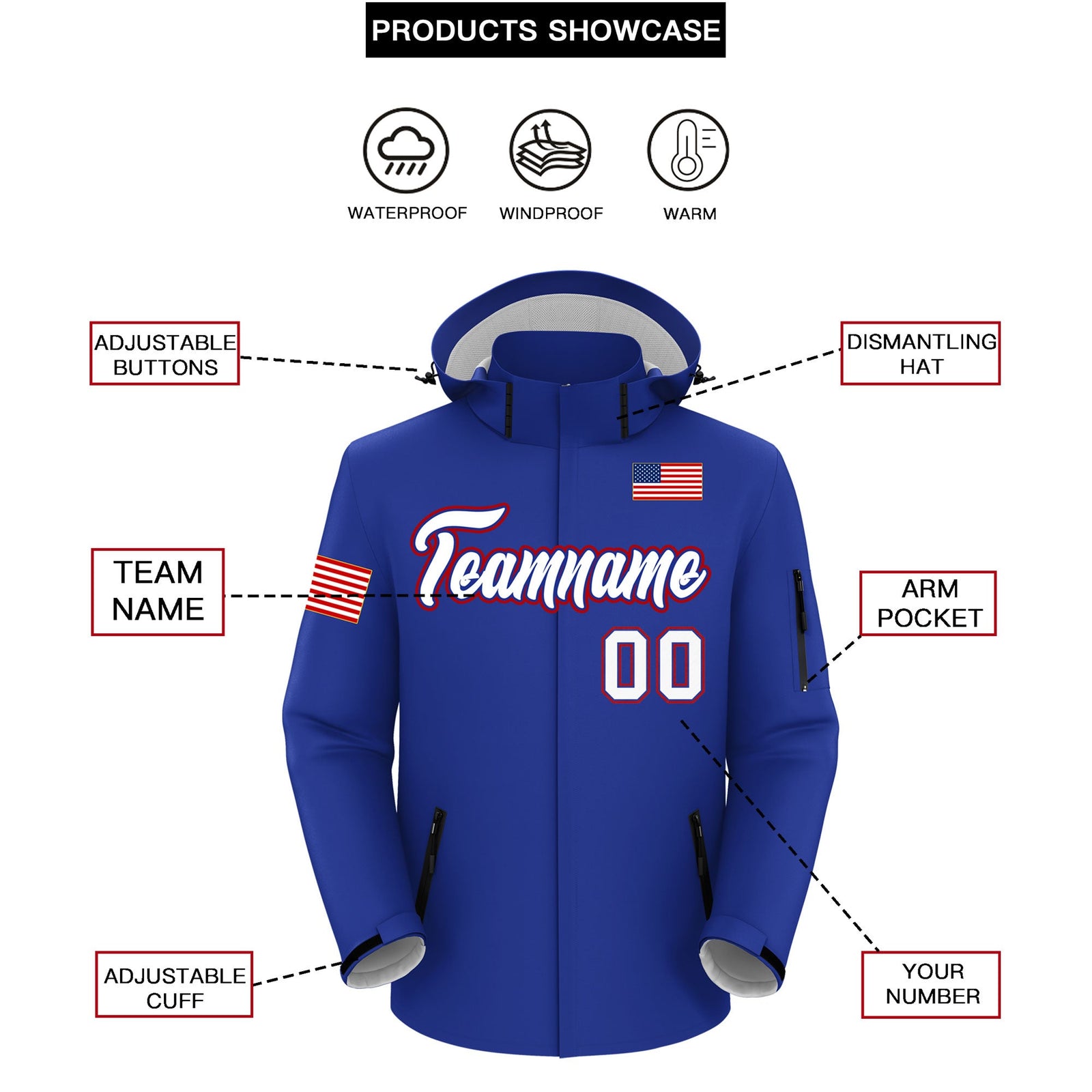 Custom Royal Blue Independence Day American Flag Waterproof Jacket| KXKSHOP