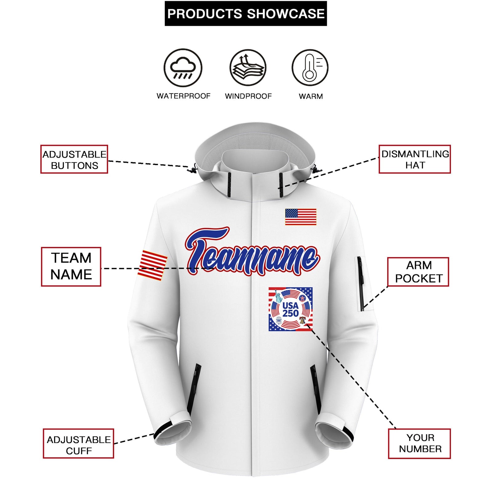 Custom White Independence Day American Flag Waterproof Jacket| KXKSHOP