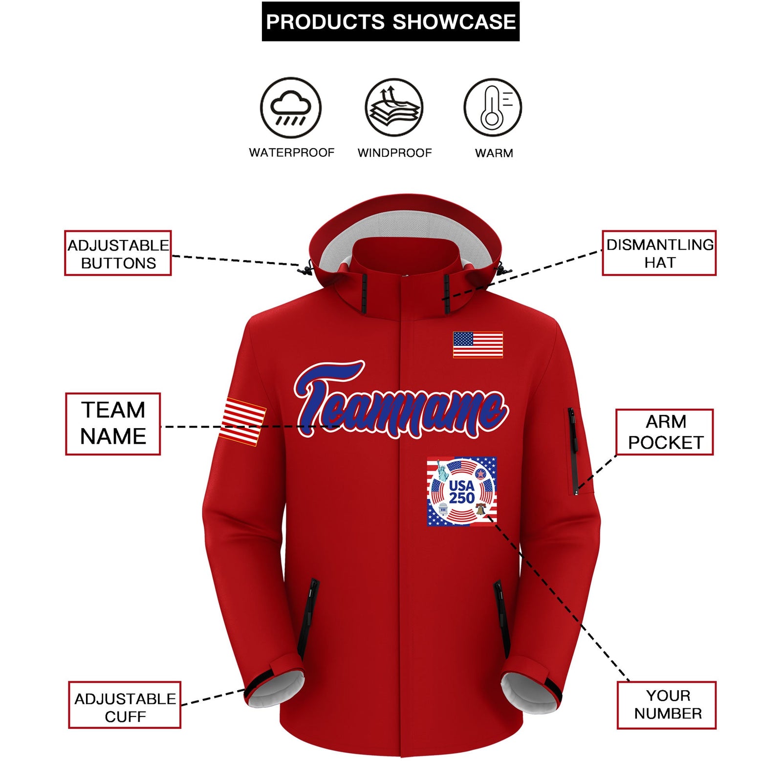 Custom Red Independence Day American Flag Waterproof Jacket| KXKSHOP