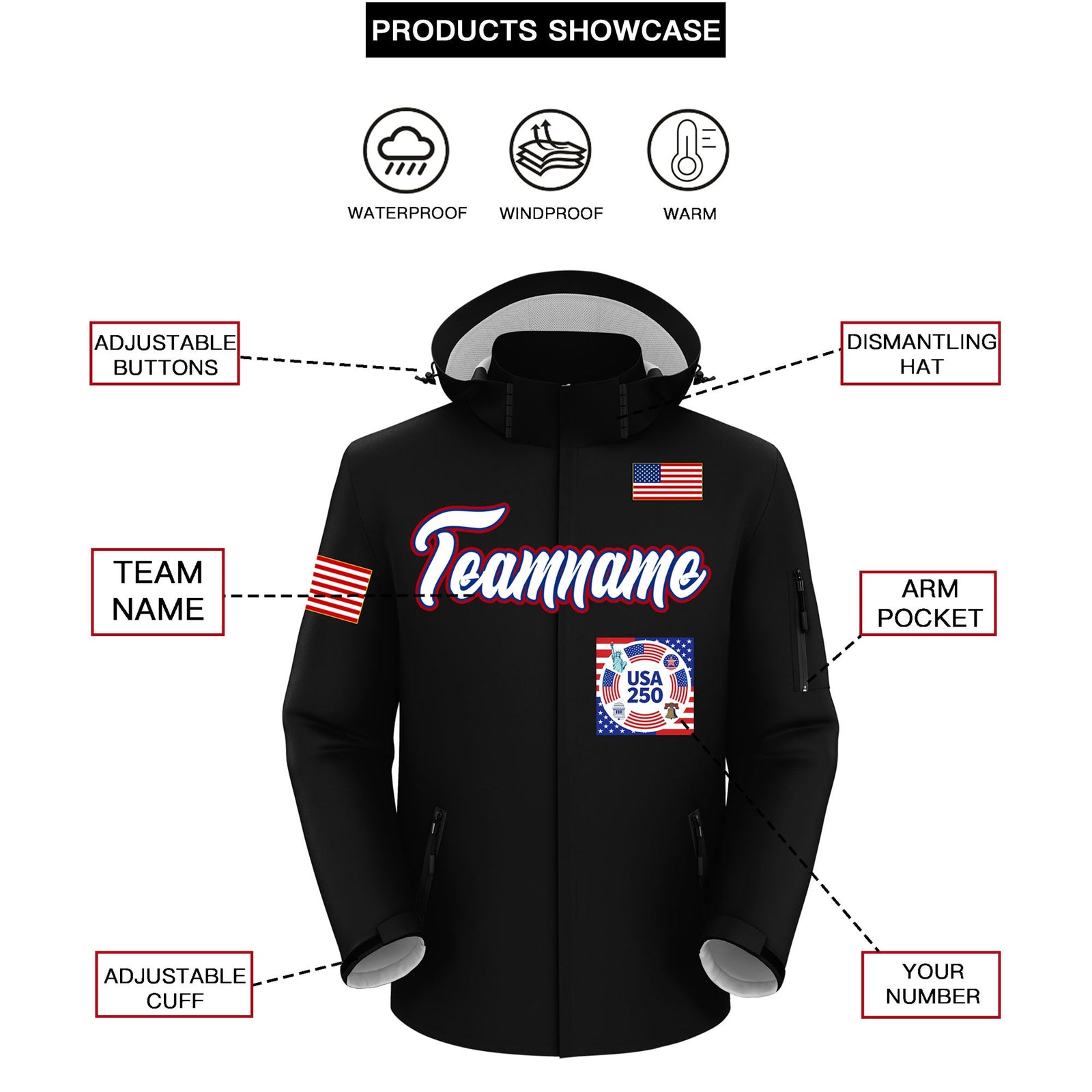 Custom Black Independence Day American Flag Waterproof Jacket| KXKSHOP