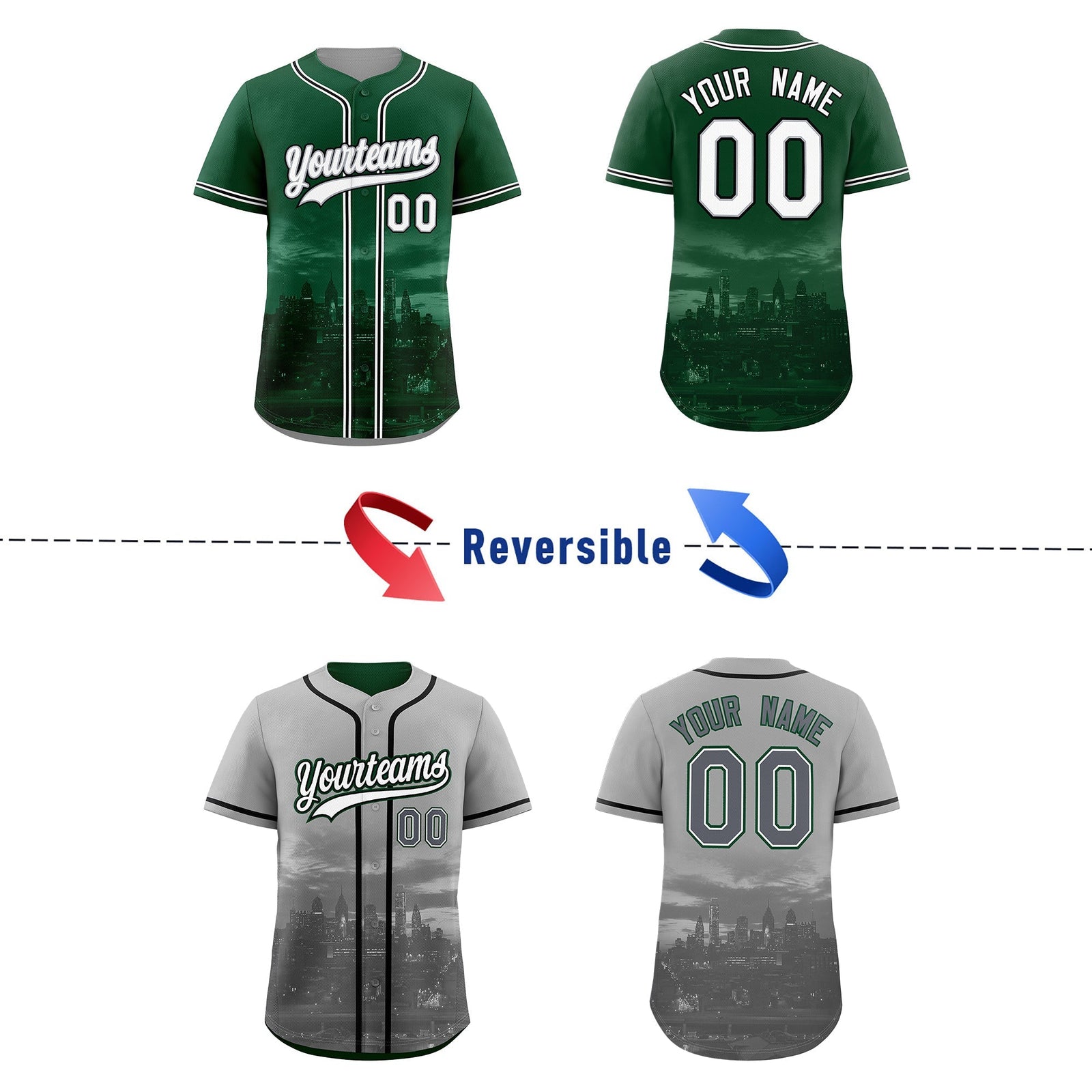 Custom Green Grey Reversible City Edition Graffiti Pattern Wrinkle-Resistant Baseball Jersey| KXKSHOP