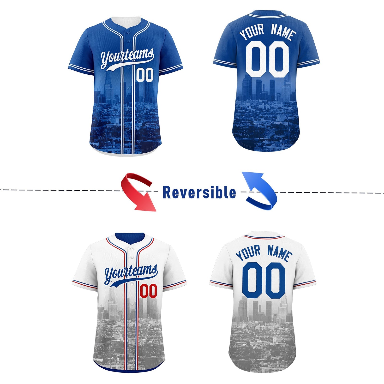 Custom Royal Blue White Red Reversible City Edition Graffiti Pattern Breathable Baseball Jersey| KXKSHOP