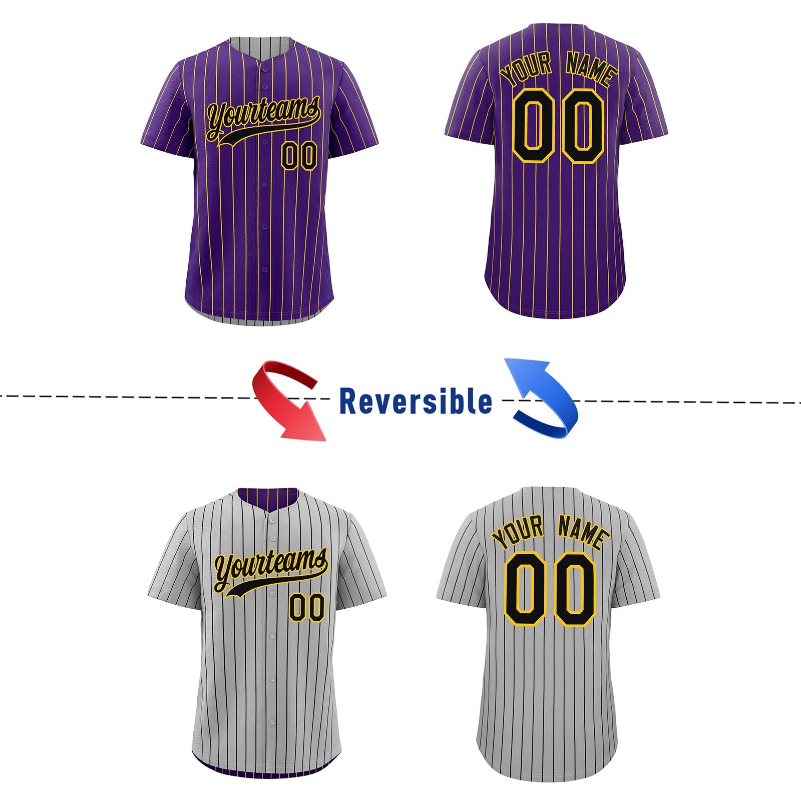 Custom Black Gold Reversible Stripe Fashion Baseball Jersey| KXKSHOP