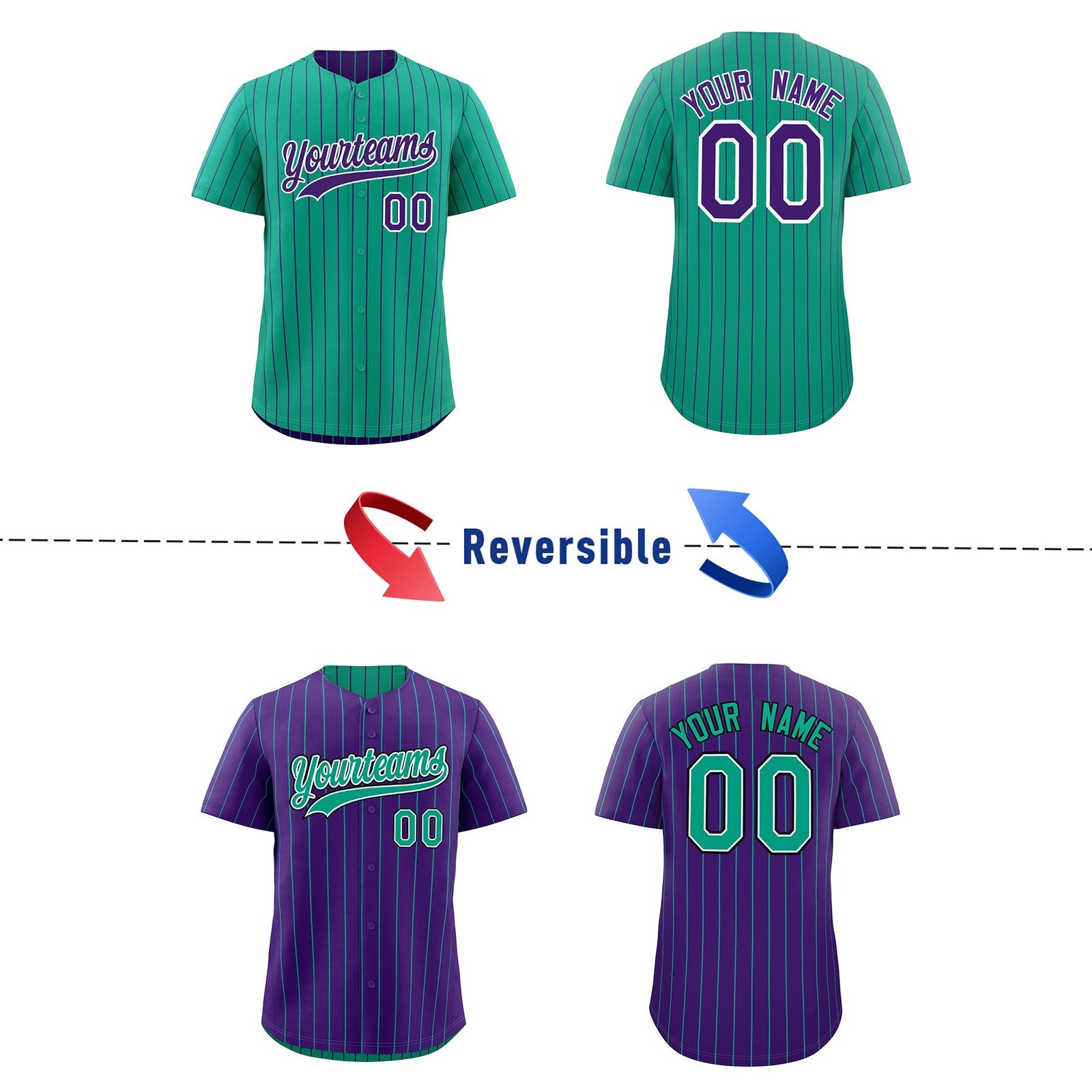 Custom Purple White Green Reversible Stripe Fashion Baseball Jersey| KXKSHOP