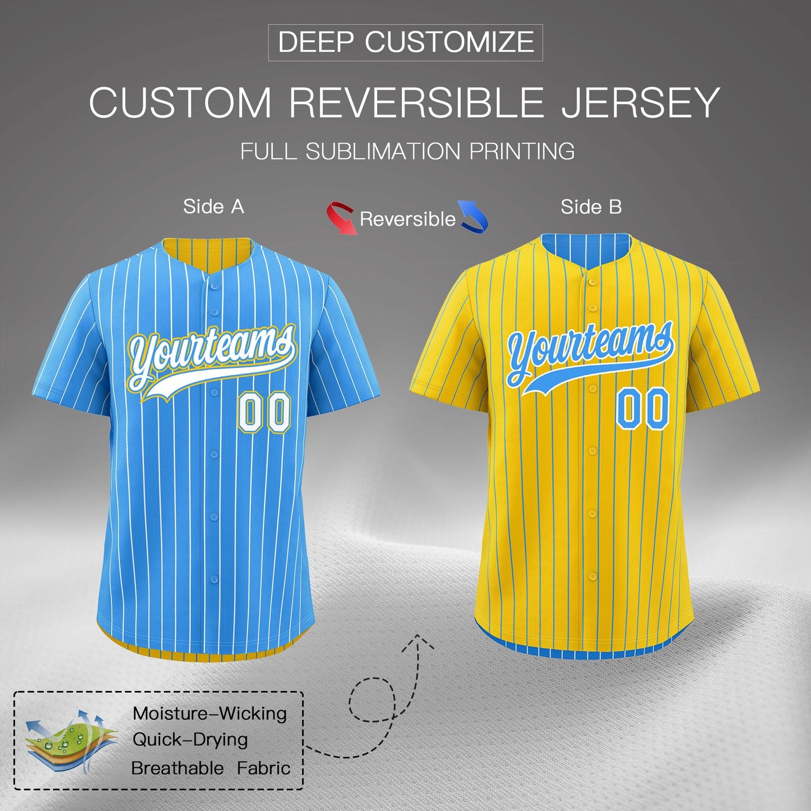 Custom White Powder Blue Gold Reversible Stripe Fashion Baseball Jersey| KXKSHOP