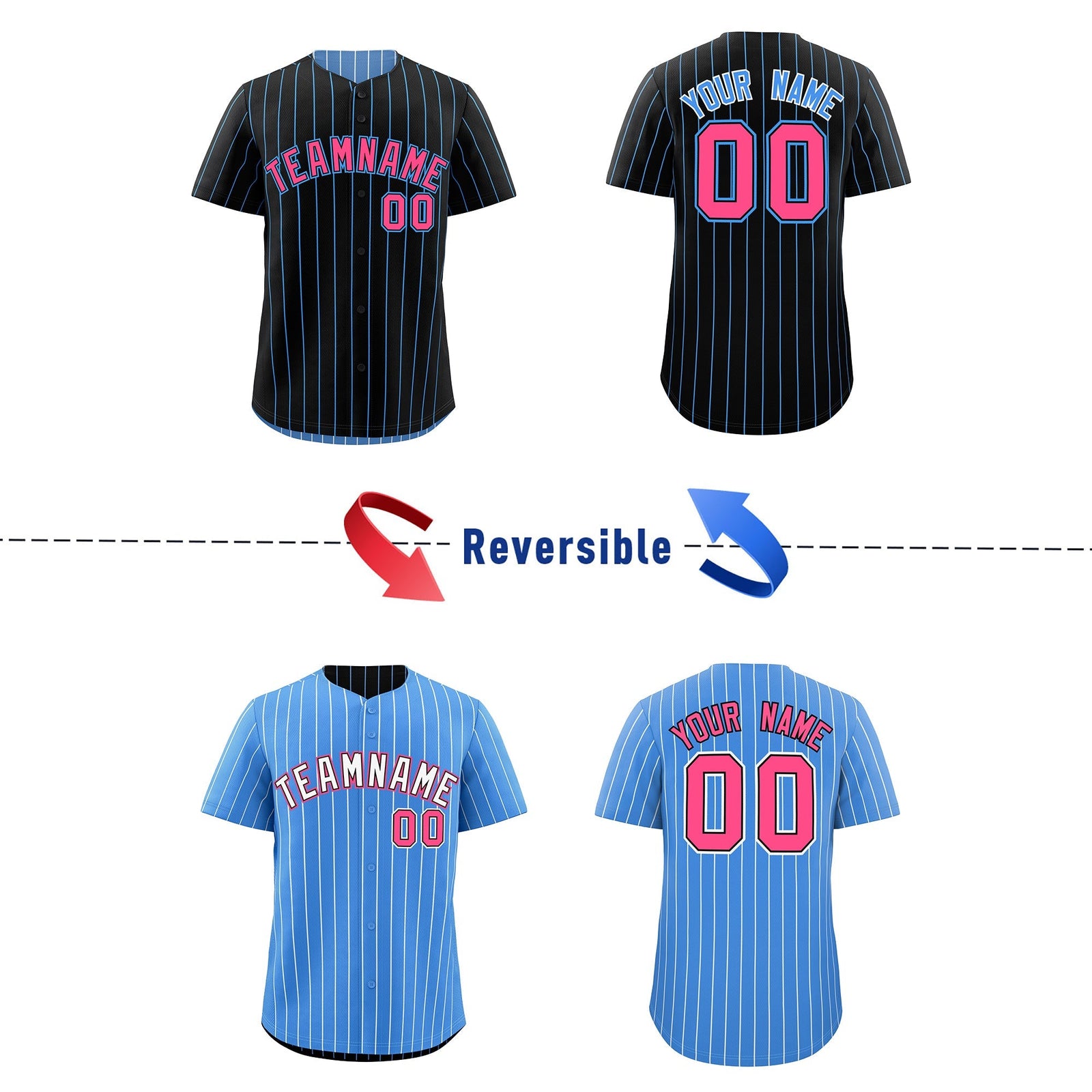 Custom Pink Black Powder Blue Reversible Stripe Fashion Baseball Jersey| KXKSHOP