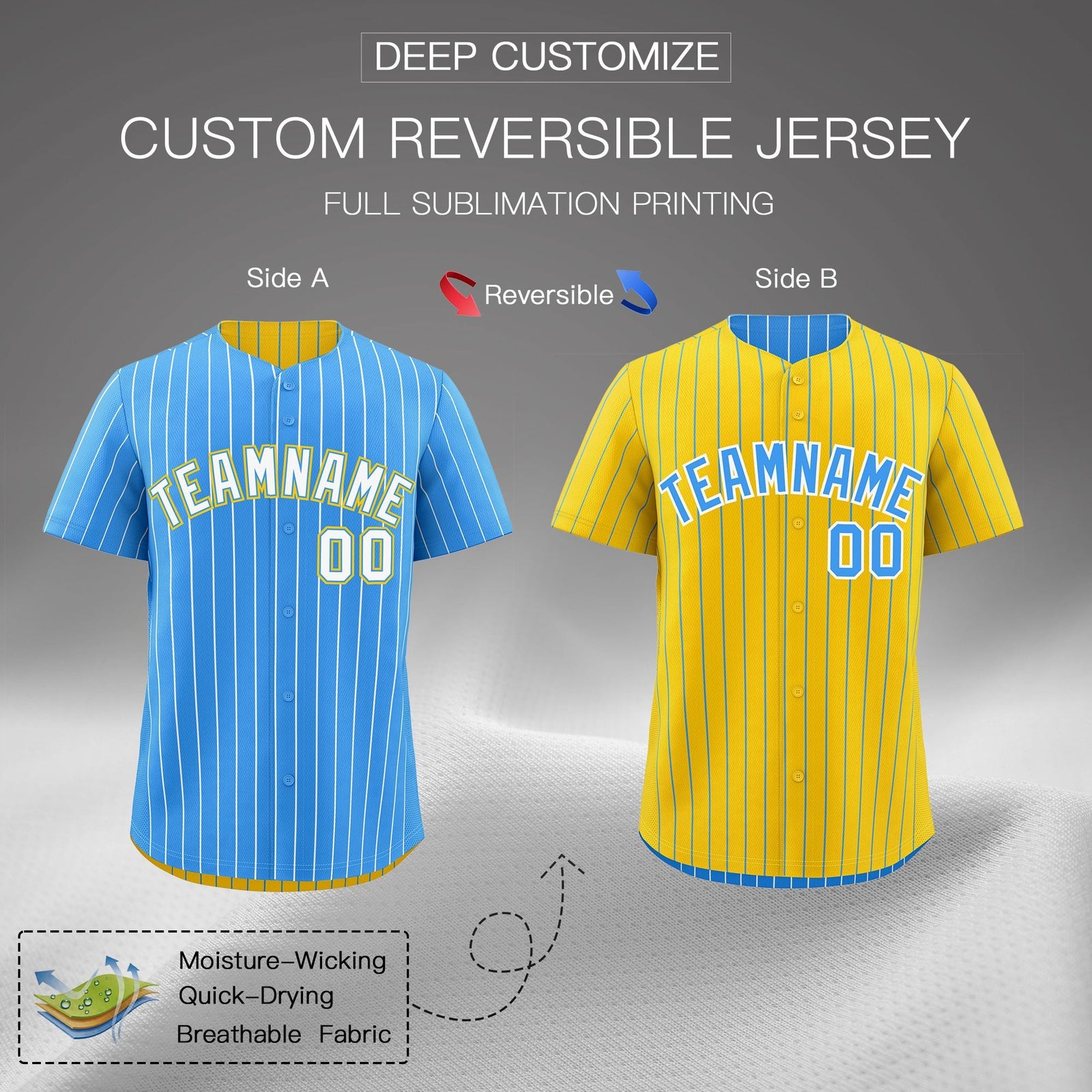 Custom White Powder Blue Gold Reversible Stripe Fashion Baseball Jersey| KXKSHOP