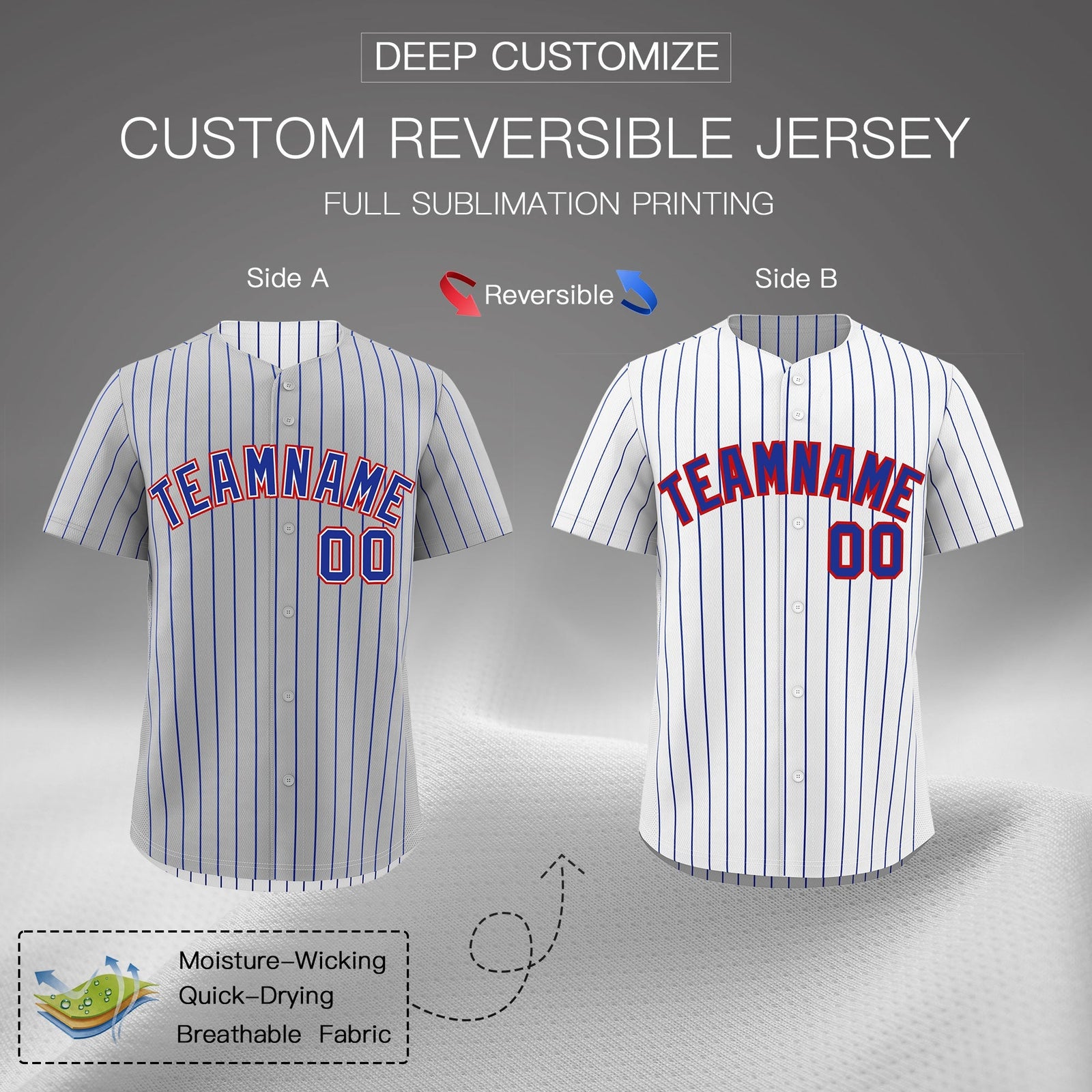 Custom Royal Blue White Red Reversible Stripe Fashion Baseball Jersey| KXKSHOP