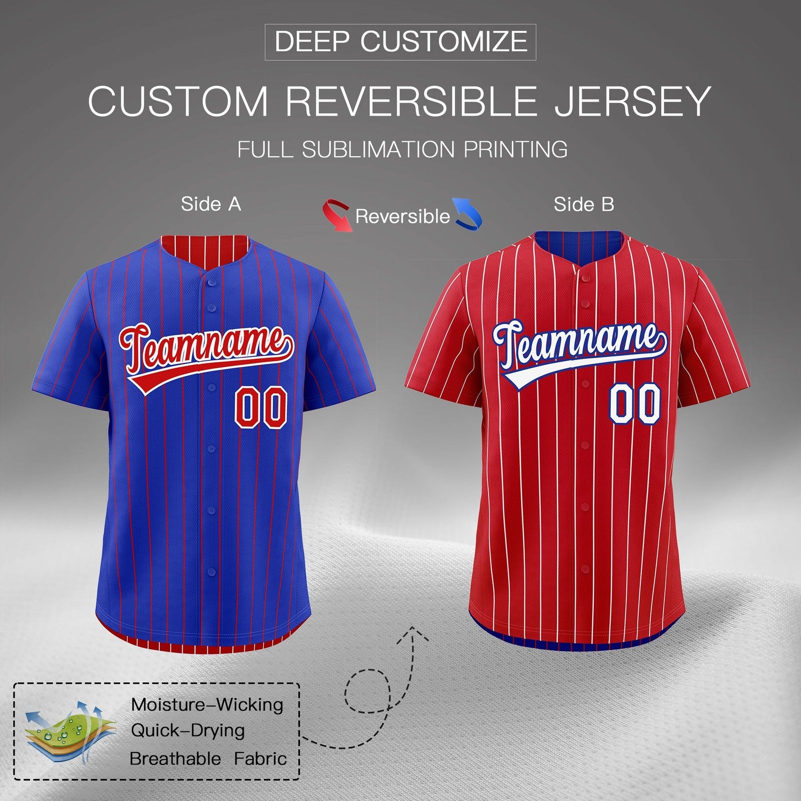 Custom Red White Royal Blue Reversible Stripe Fashion Baseball Jersey| KXKSHOP