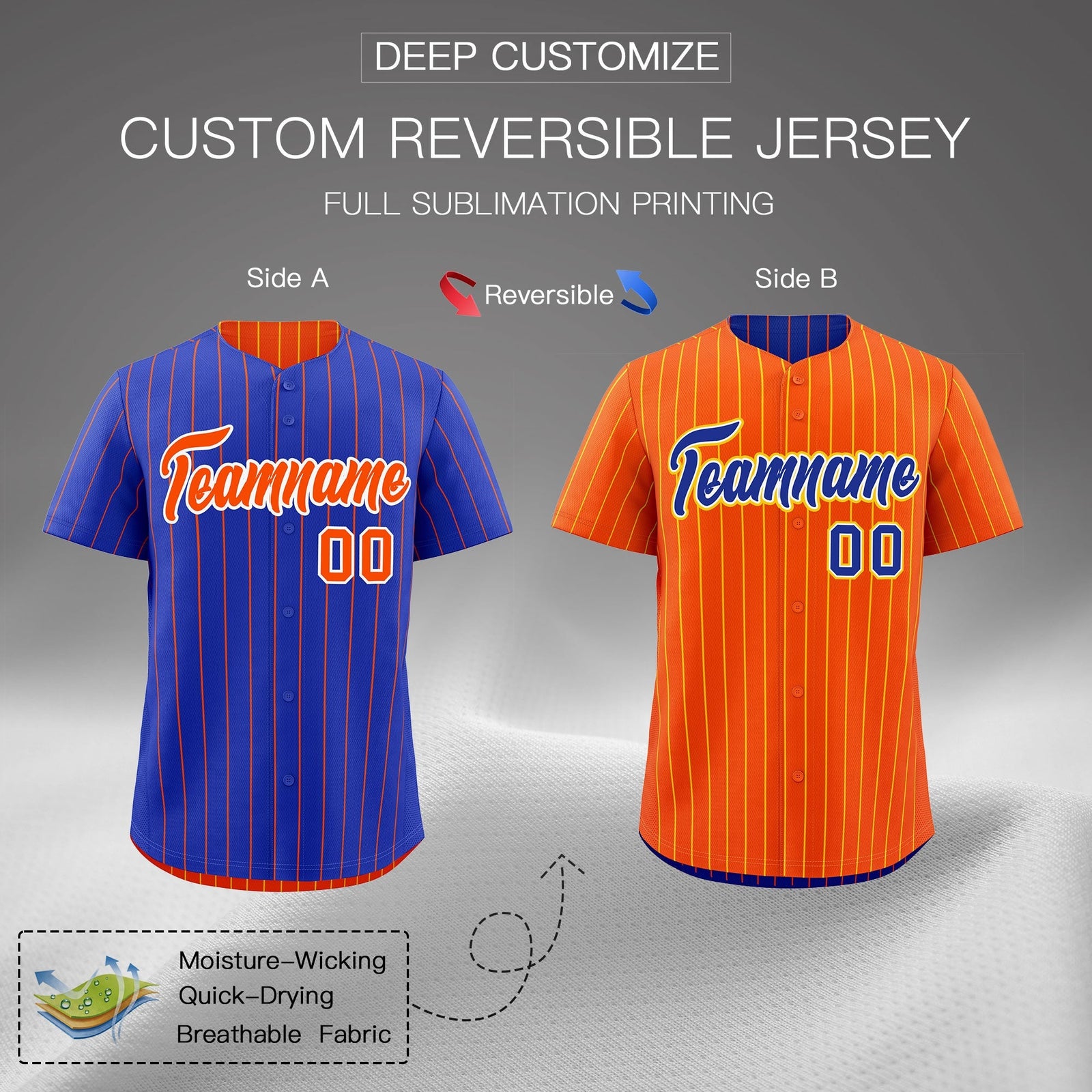 Custom Orange White Royal Blue Reversible Stripe Fashion Baseball Jersey| KXKSHOP