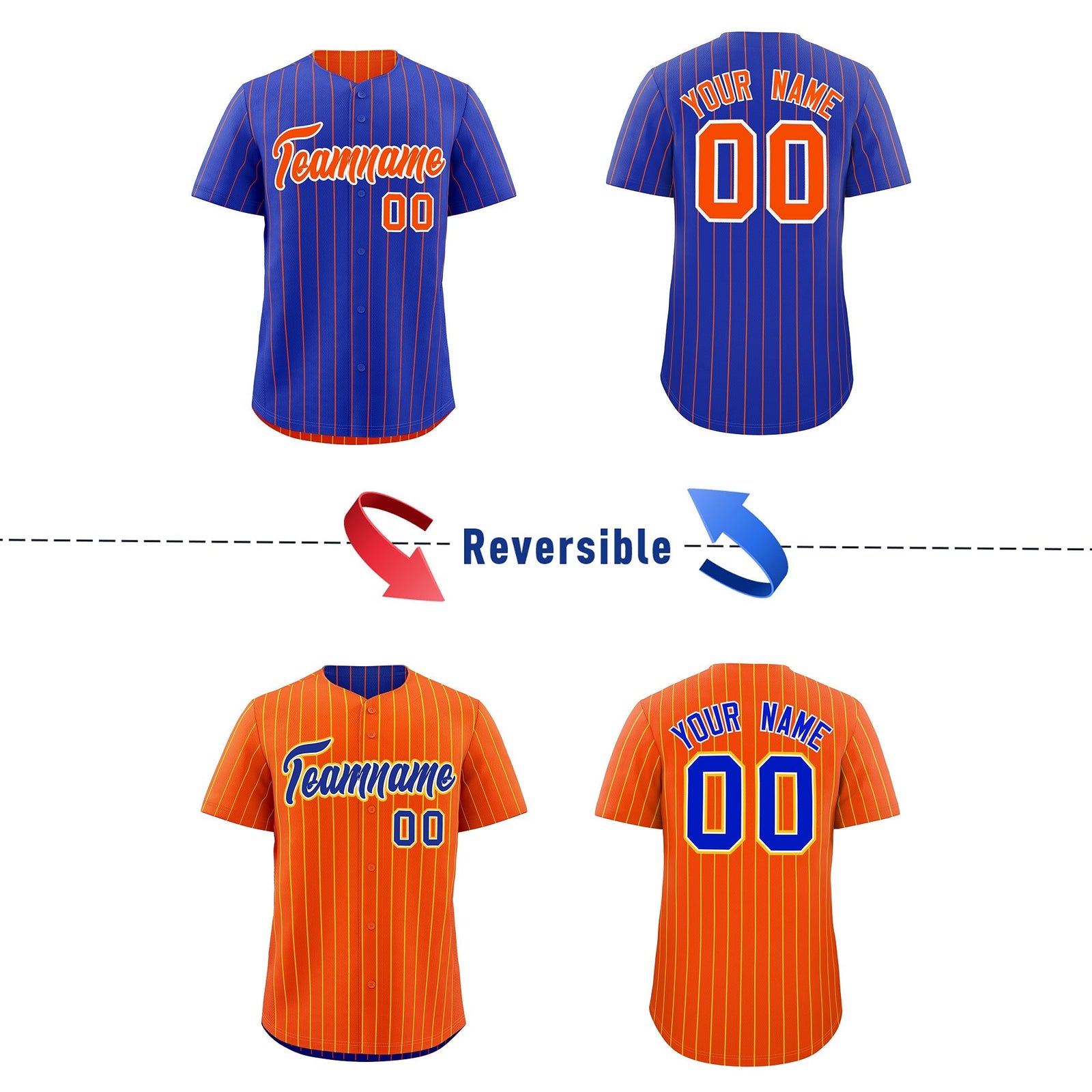 Custom Orange White Royal Blue Reversible Stripe Fashion Baseball Jersey| KXKSHOP