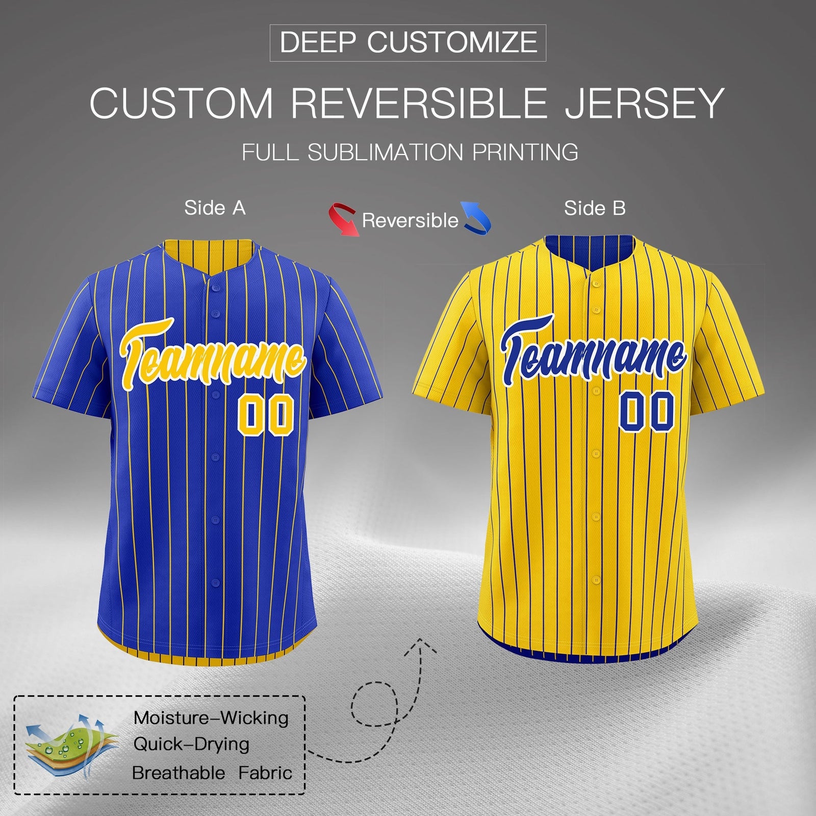 Custom Gold White Royal Blue Reversible Stripe Fashion Baseball Jersey| KXKSHOP
