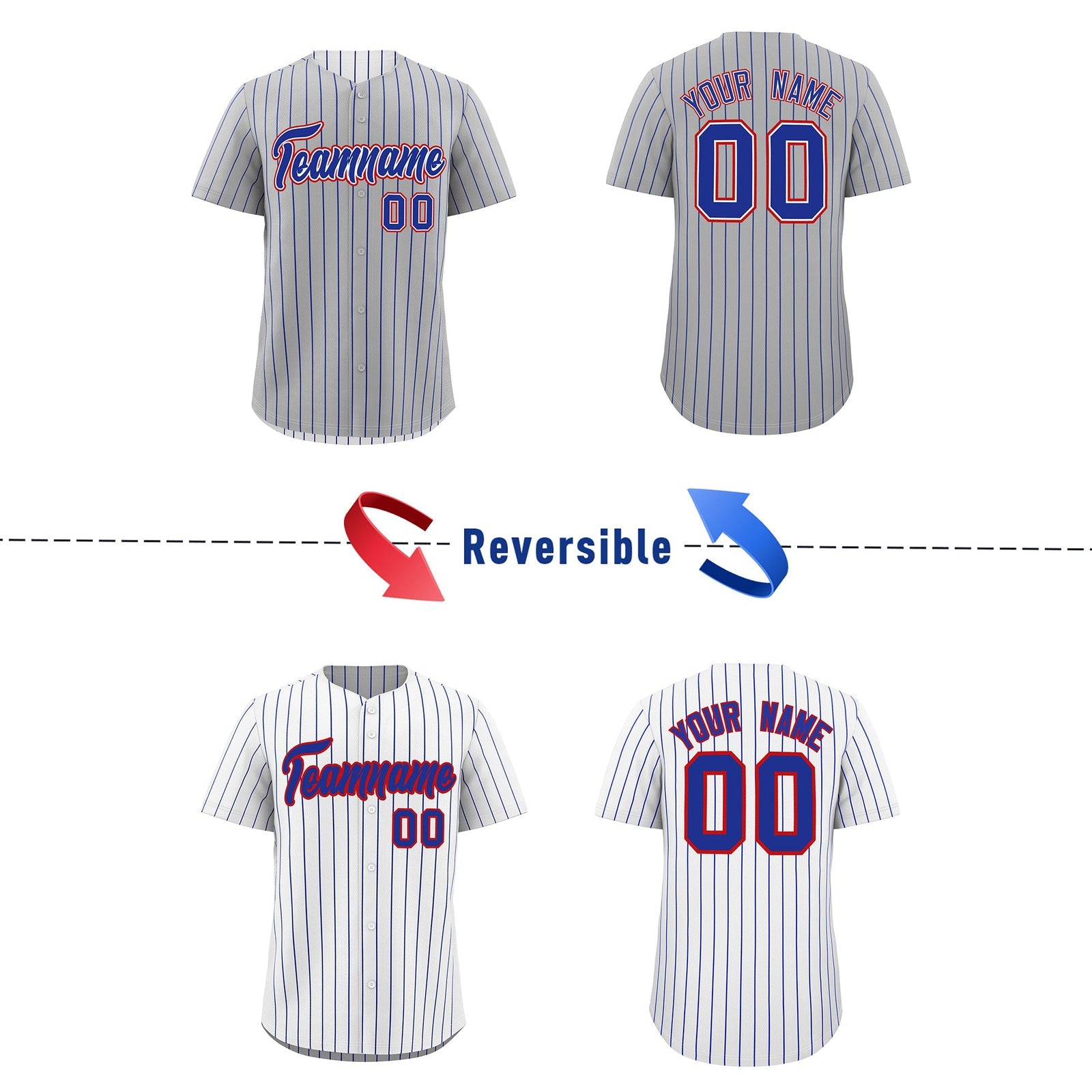 Custom Royal Blue White Red Reversible Stripe Fashion Baseball Jersey| KXKSHOP