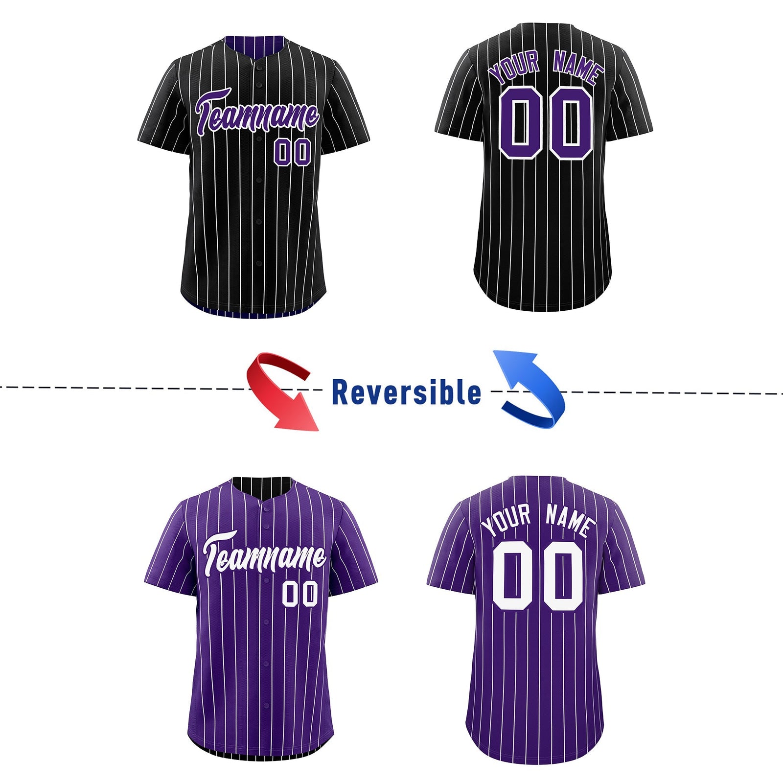 Custom Black Purple Purple White Reversible Stripe Fashion Baseball Jersey| KXKSHOP