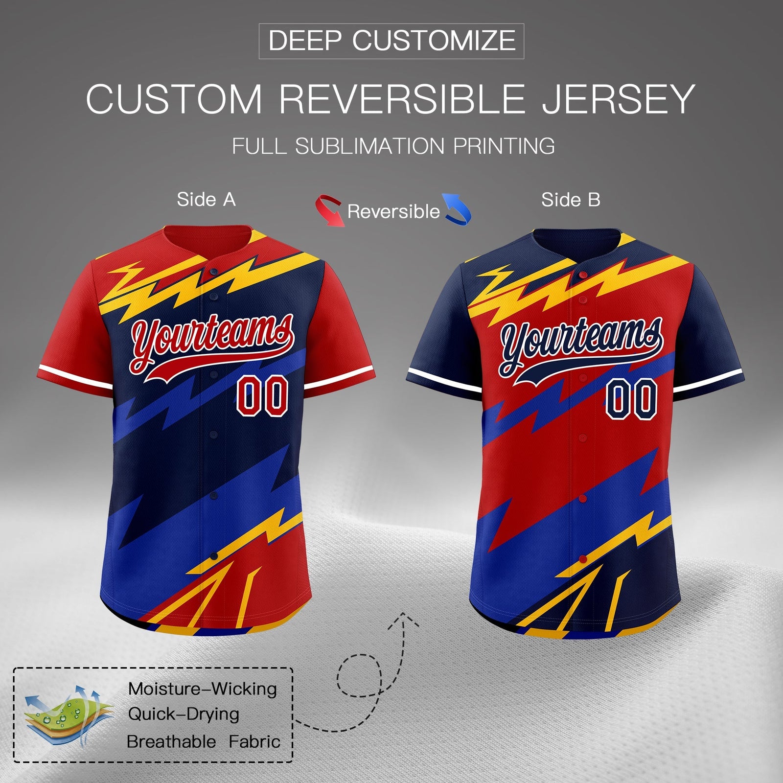 Custom Navy Red Yellow short sleeves Reversible Lightning Pattern Graffiti Graffiti Pattern Lightweight Baseball Jersey| KXKSHOP