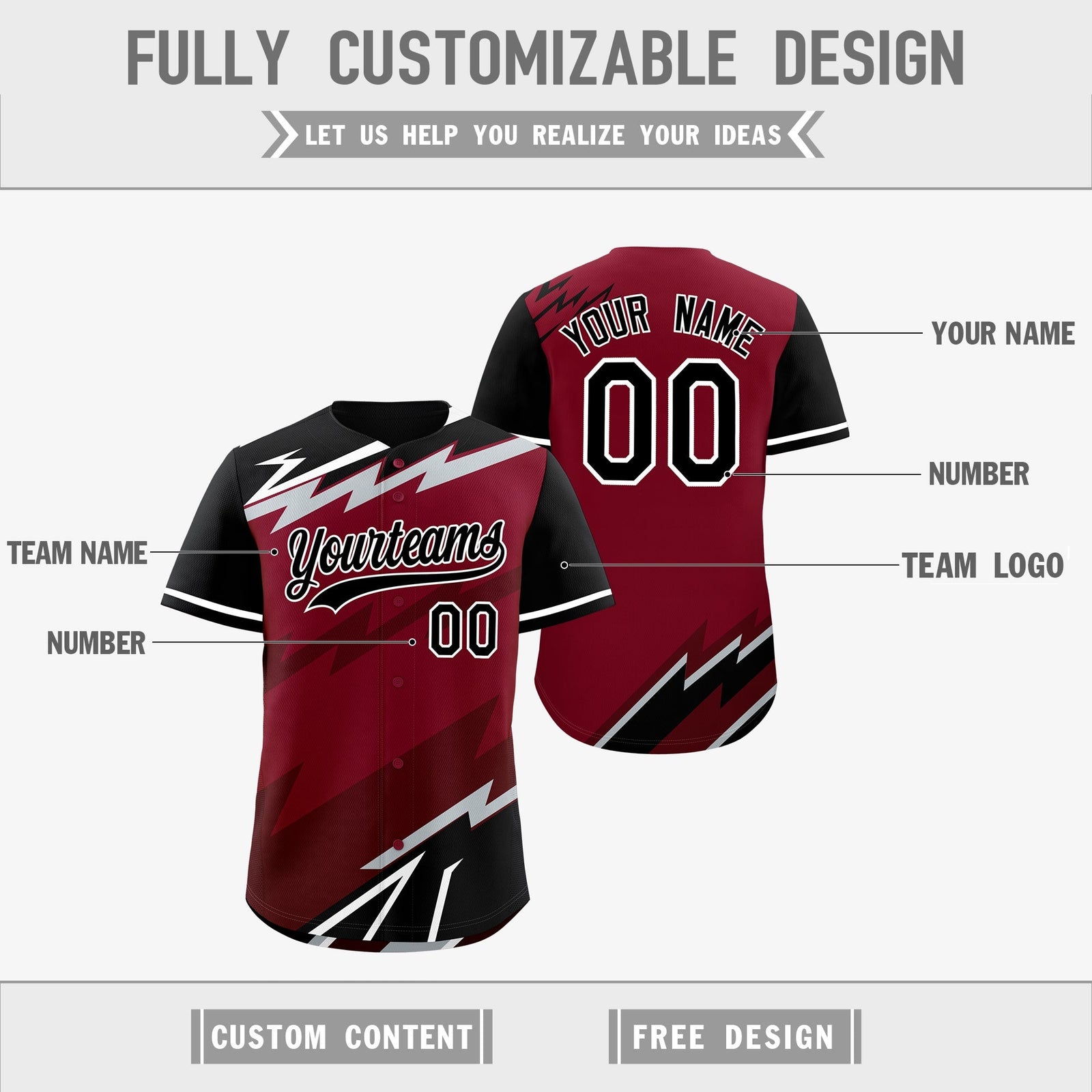 Custom Crimson Black Burgundy short sleeves Reversible Lightning Pattern Graffiti Graffiti Pattern Moisture-Wicking Baseball Jersey| KXKSHOP