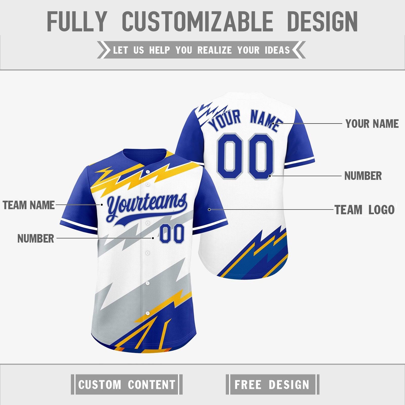 Custom White Royal Blue Silver short sleeves Reversible Lightning Pattern Graffiti Graffiti Pattern Breathable Baseball Jersey| KXKSHOP