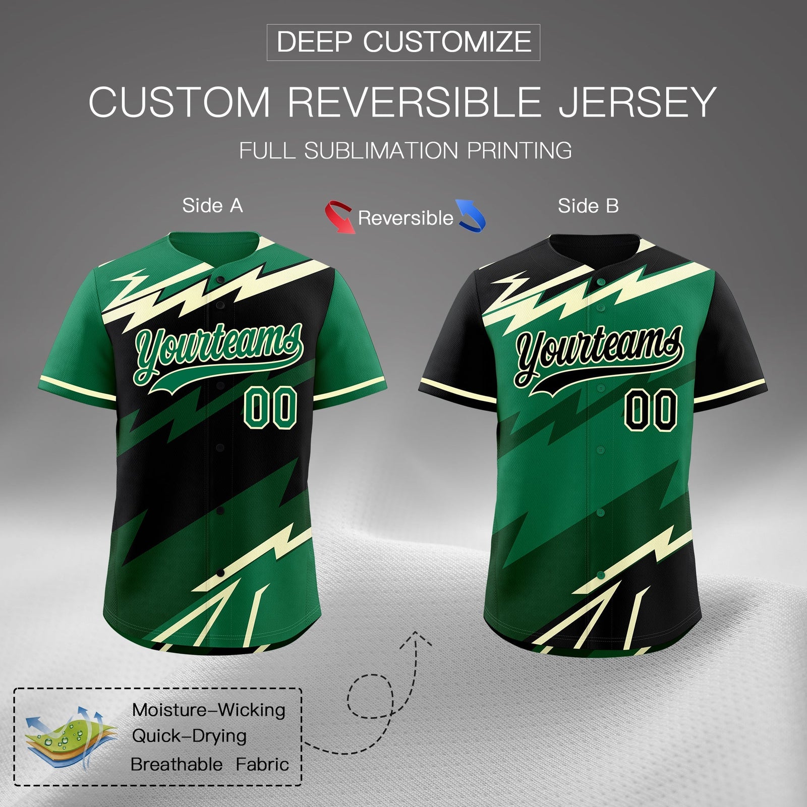 Custom Black Kelly Green Cream short sleeves Reversible Lightning Pattern Graffiti Graffiti Pattern Breathable Baseball Jersey| KXKSHOP