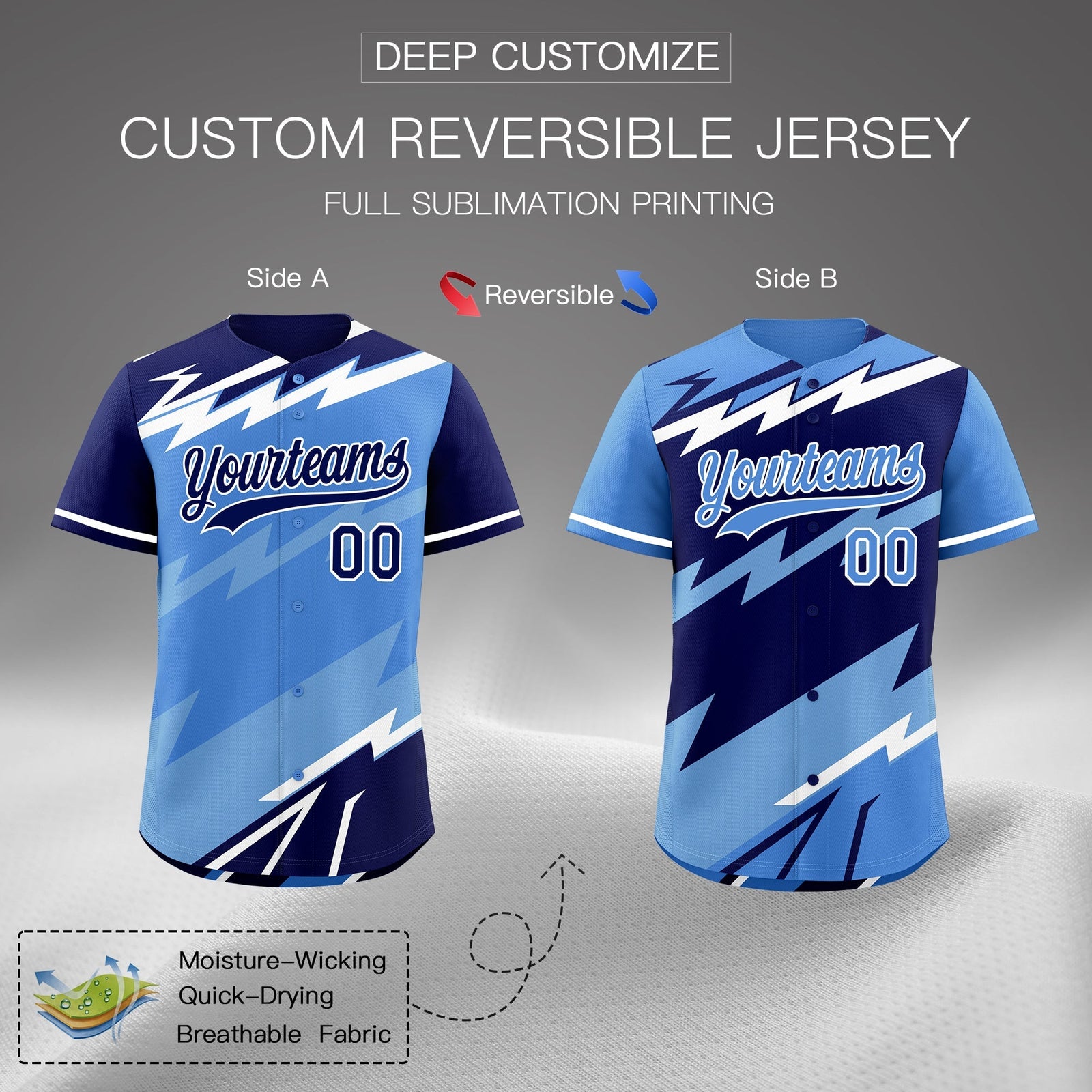 Custom Light Blue Powder Blue White short sleeves Reversible Lightning Pattern Graffiti Graffiti Pattern Lightweight Baseball Jersey| KXKSHOP