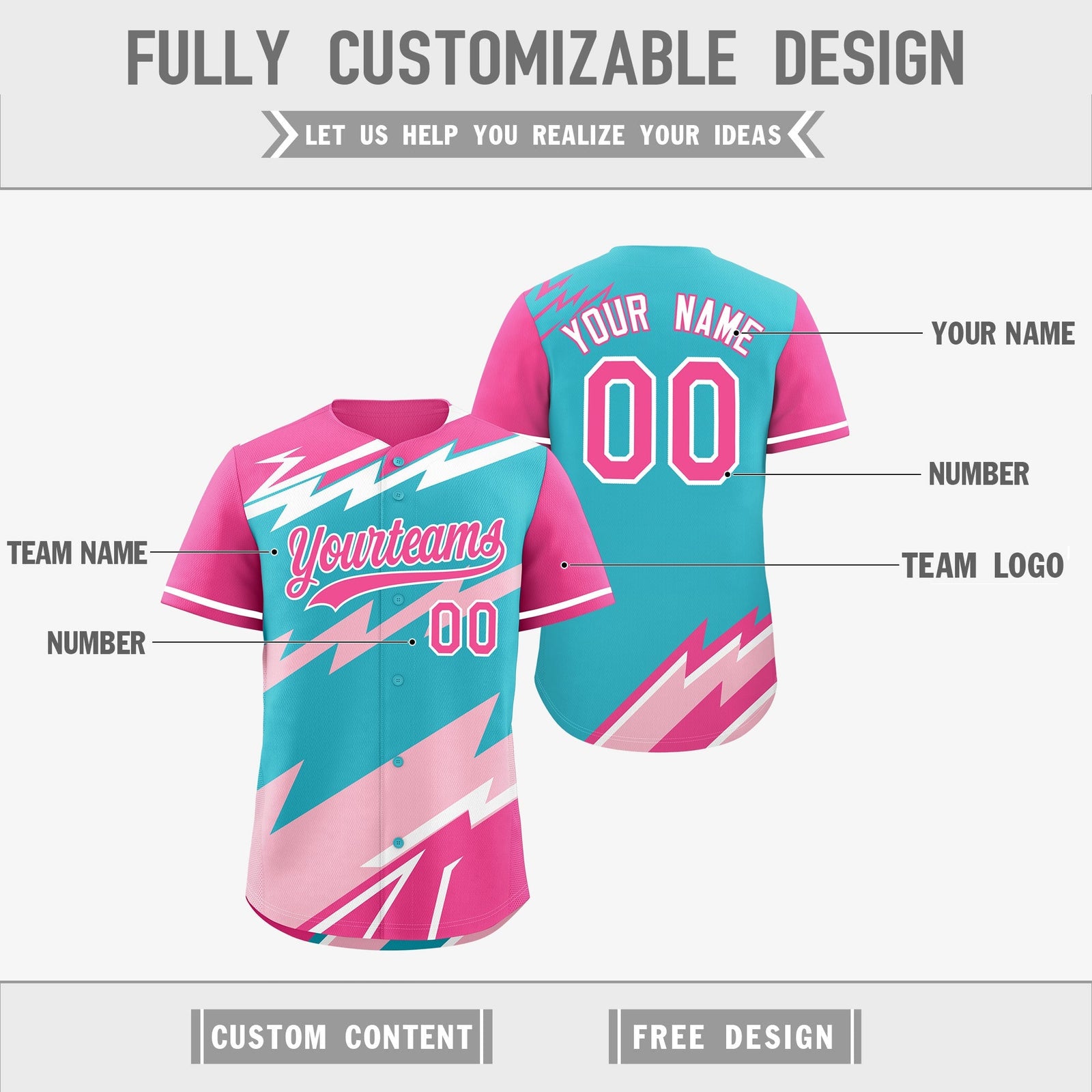 Custom Sky Blue Light Pink Pink short sleeves Reversible Lightning Pattern Graffiti Graffiti Pattern Breathable Baseball Jersey| KXKSHOP